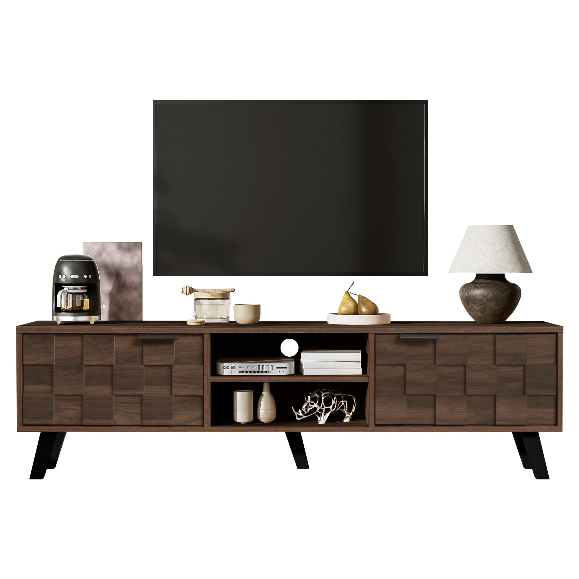 Modern TV Cabinet 2 Doors 2 Open Compartments 160.5cm - Dark Wood Grain