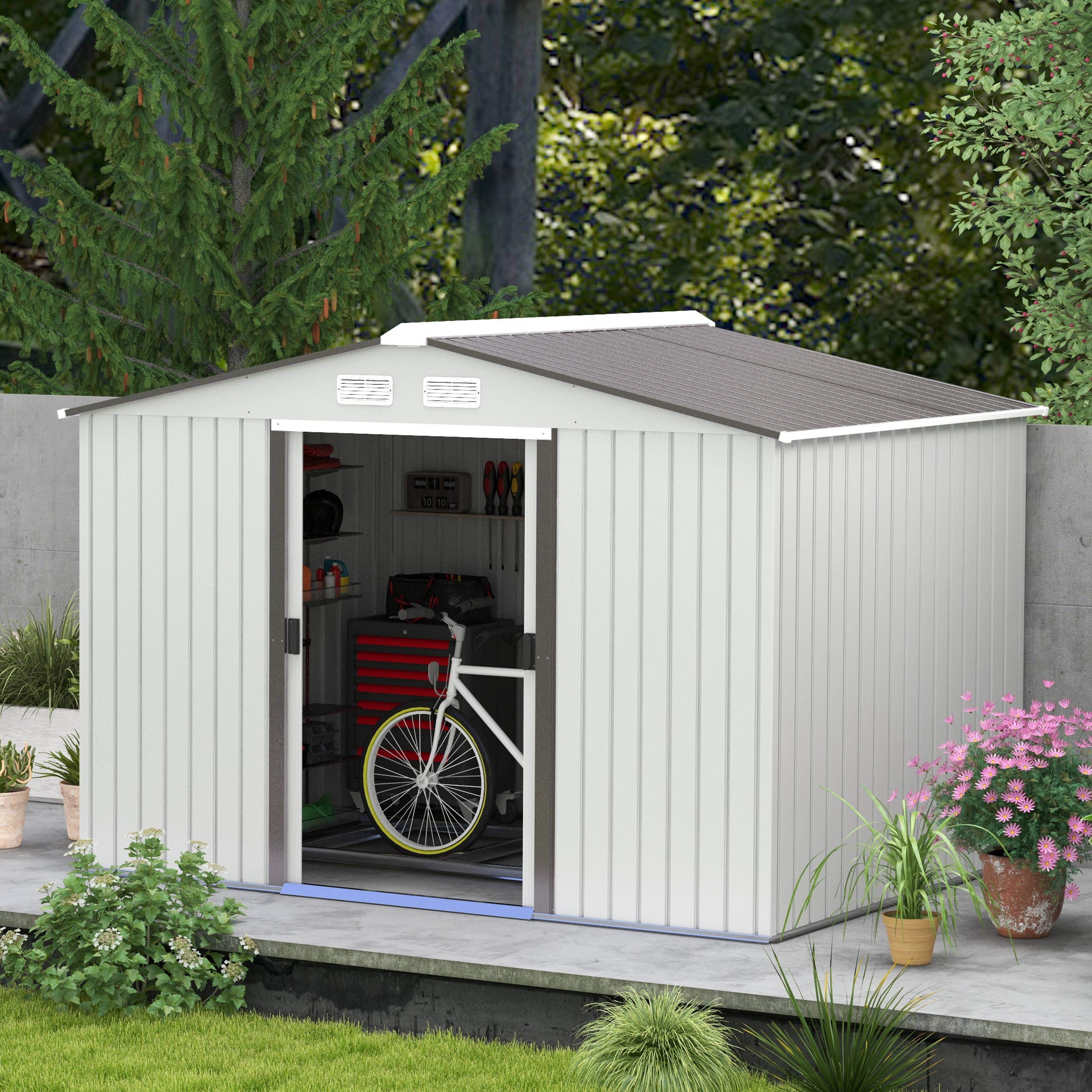 Metal Bike Shed, Mobility Scooter Shed House with Foundation Kit, Ventilation, Doors, Silver