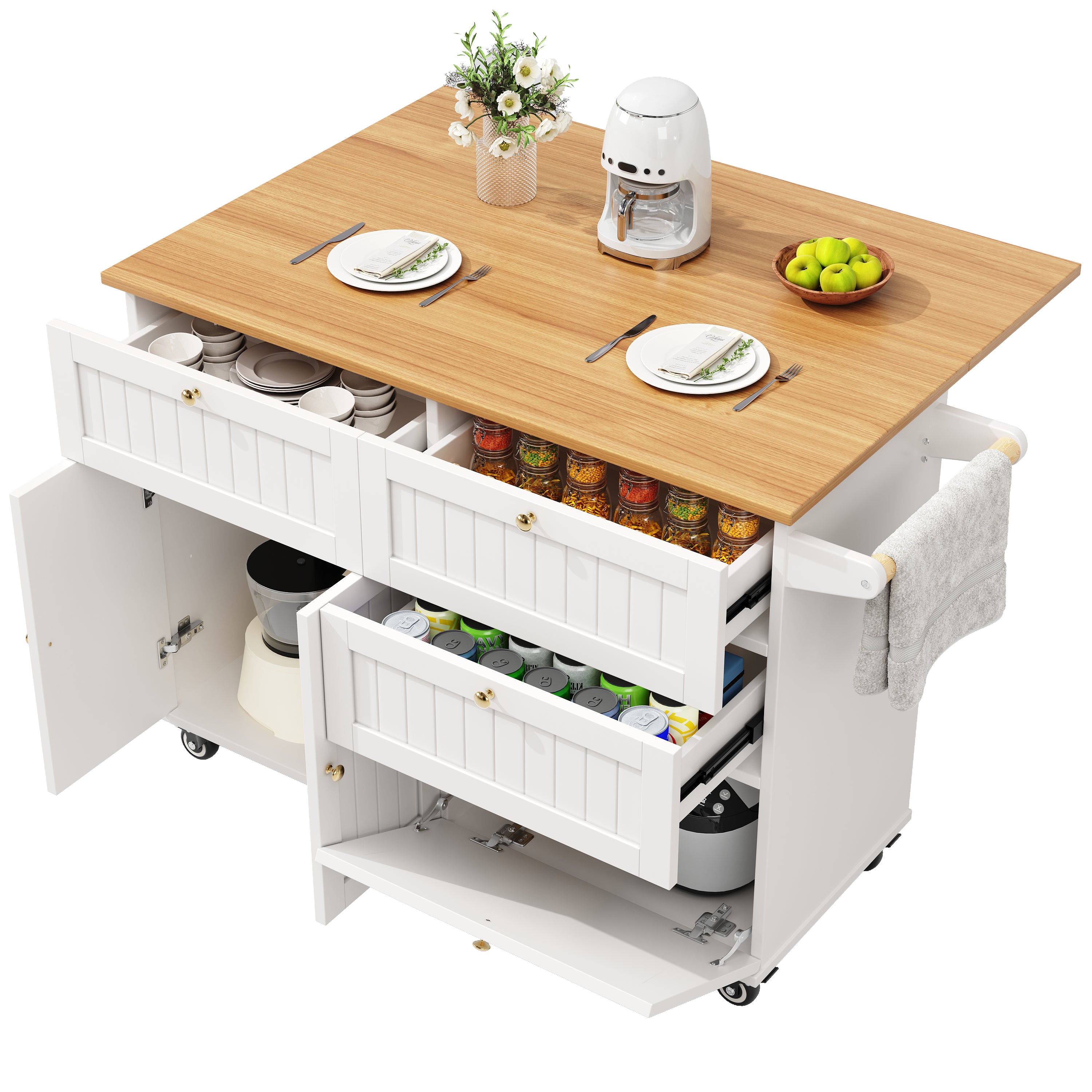 Modern Kitchen Island Extendable Dining Table Storage & Mobile - White