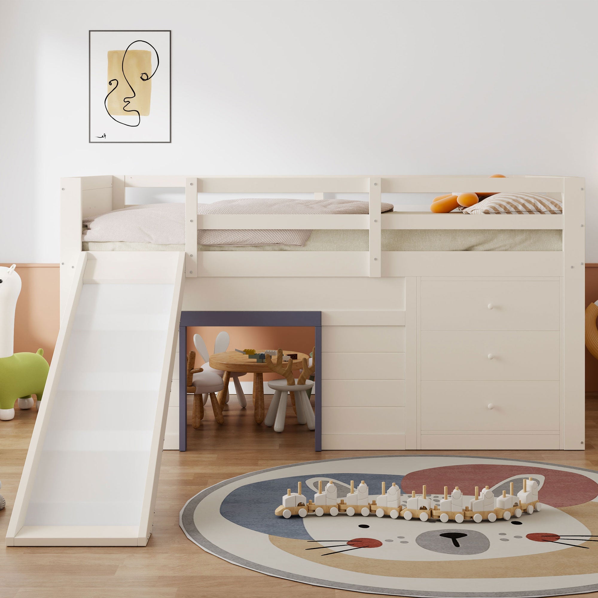 140 x 200 Low Loft Bed with Slide, Three Drawers and Two Doors, Cream