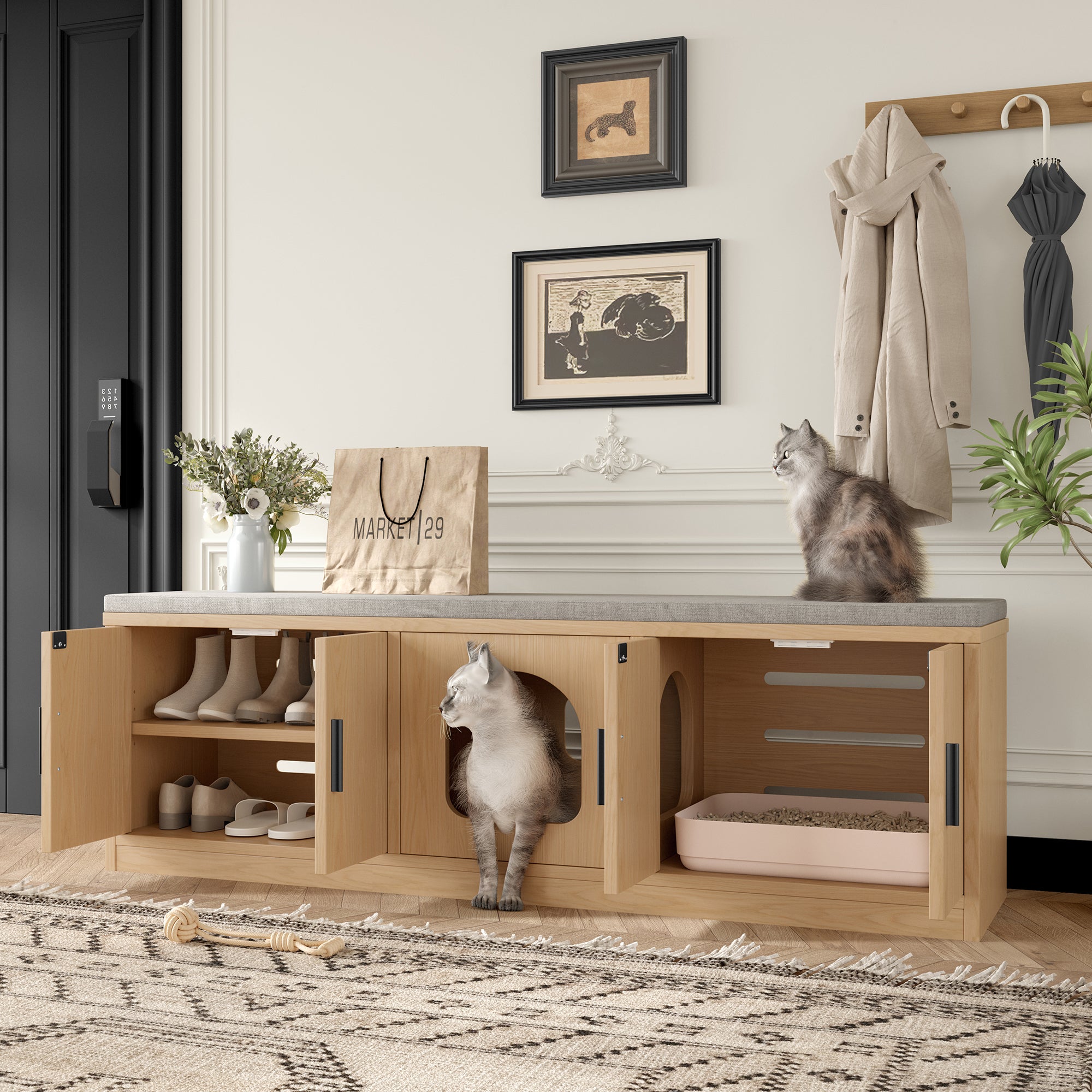 Hidden Cat Cabinet, 140 x 40 x 45.5 cm with Integrated Scratching Post & Ventilation