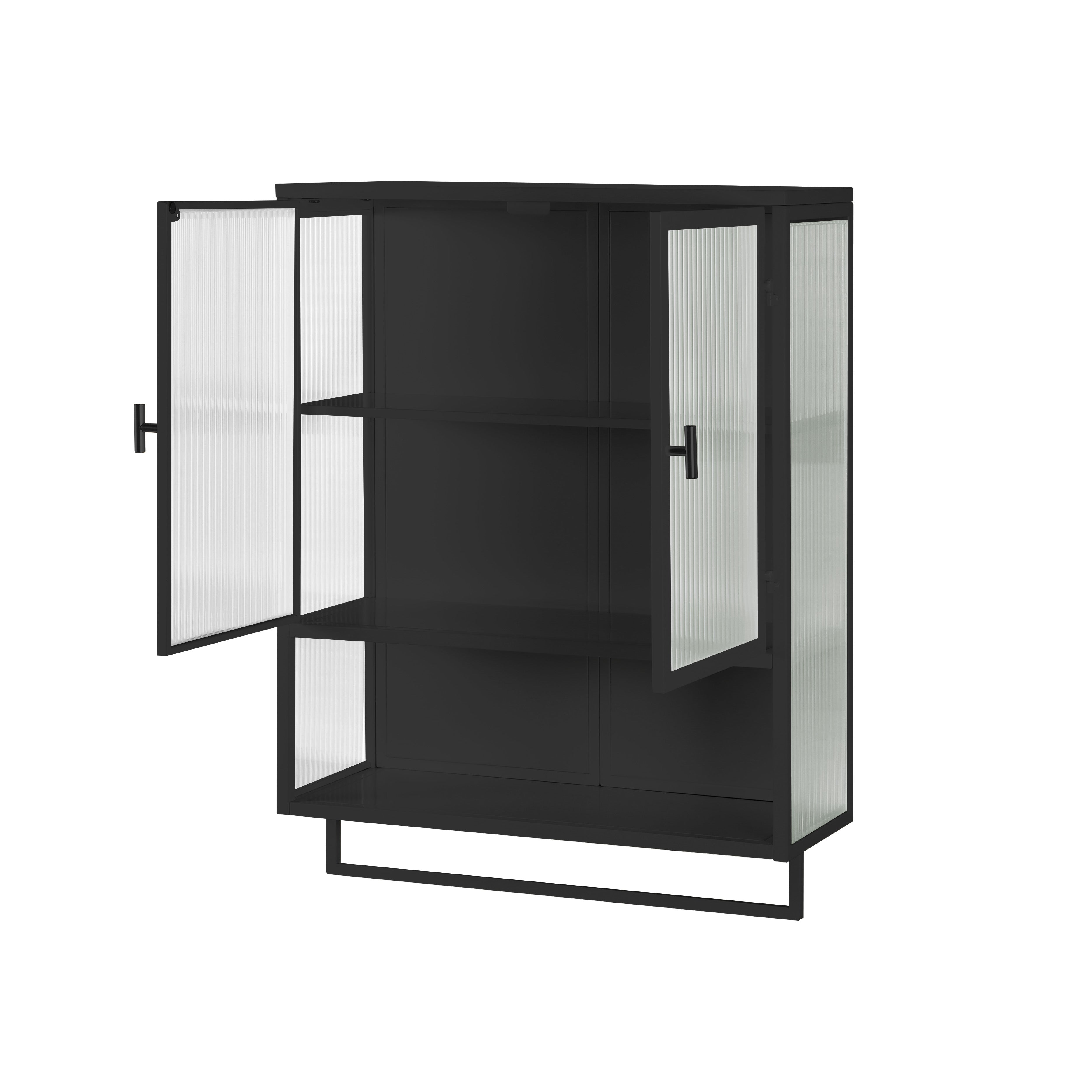 Wall Cabinet 60CM Glass Doors, Two-tier Storage, Open Shelf, Towel Rack, Black