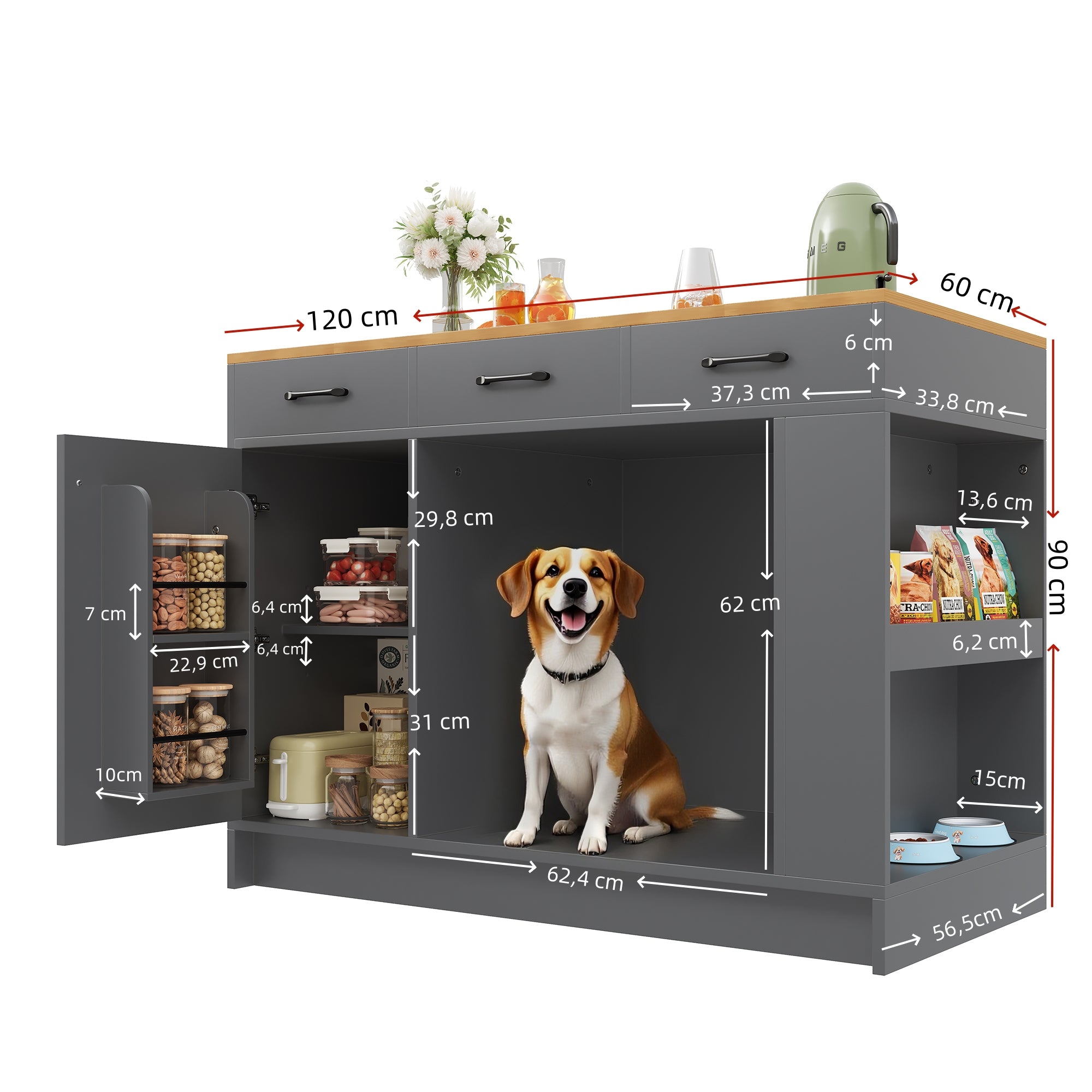 Kitchen Island with 3 Drawers, Spice Rack and Pet Storage Area, Grey