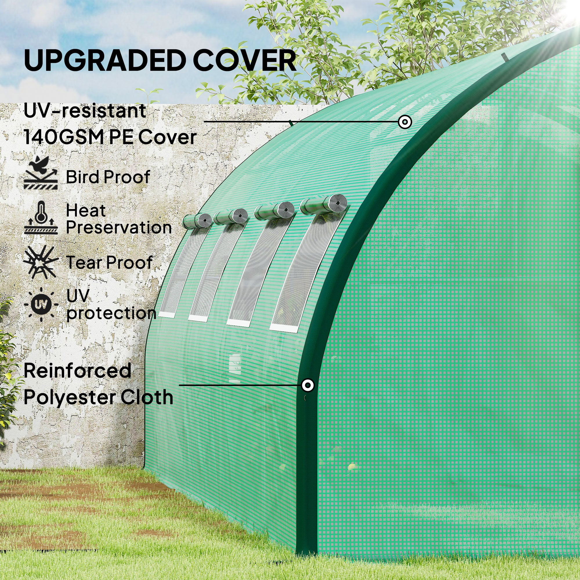 Polyethylene Walk-in Polytunnel Greenhouse, Upgraded Structure, 6 x 3(m), Green