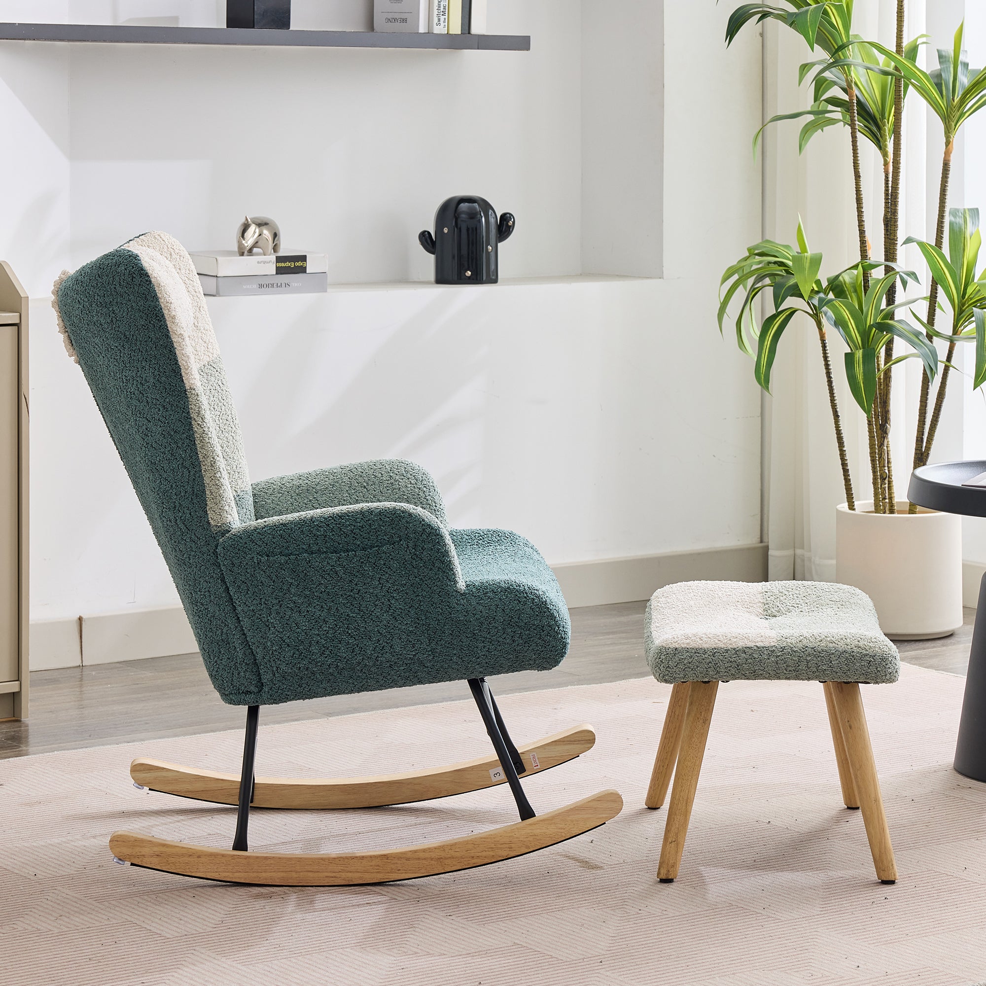 Boucle Rocking Chair Patchwork Stripe Rubberwood Iron Frame with Footstool, Colorful Look