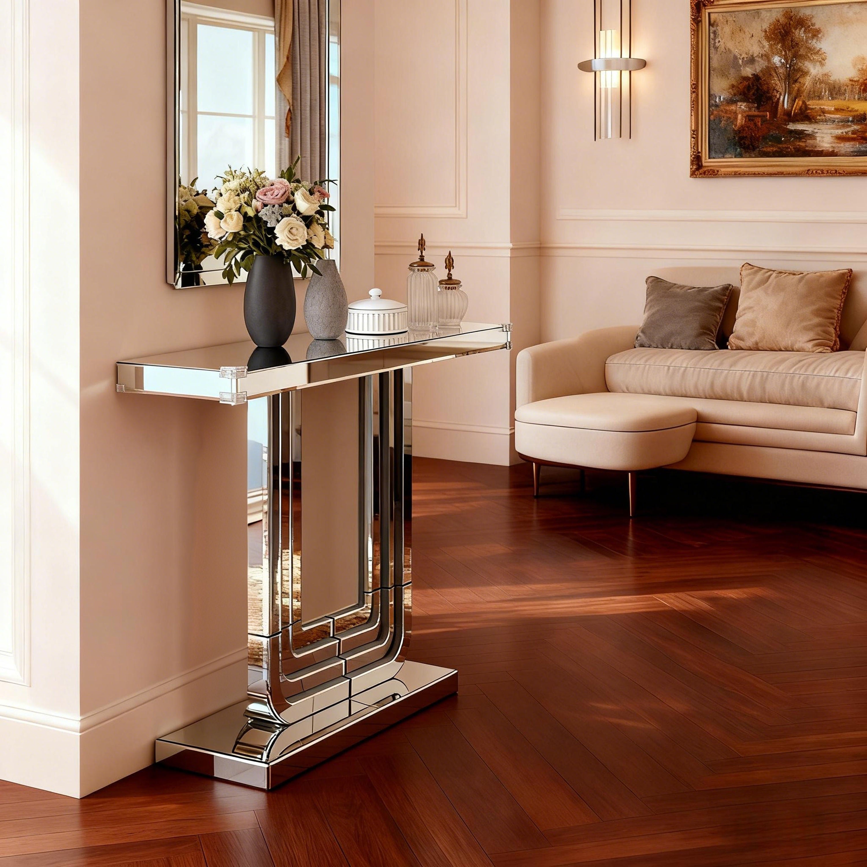 120cm Mirrored Console Table, Elegant U-Shaped Base, Silver Finish