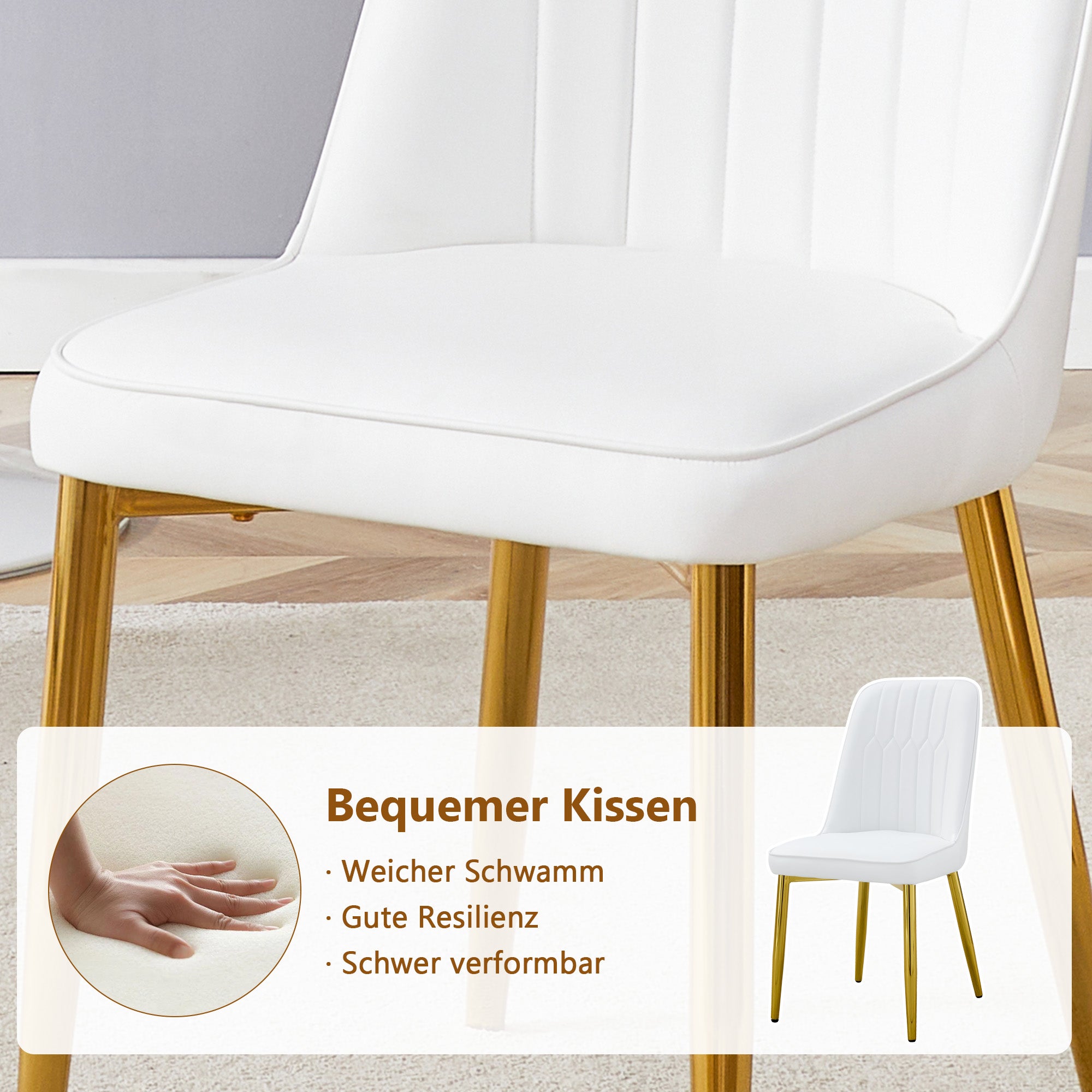 Dining Table Set, Glass Table & 4 Chairs with Gold Legs, White PU