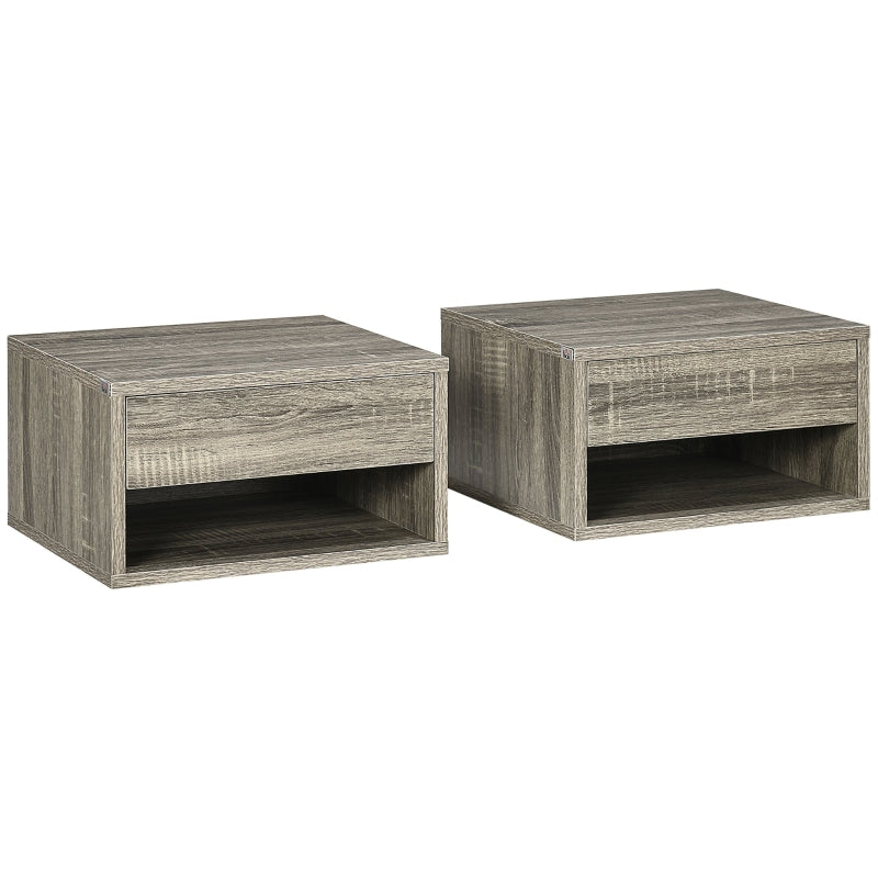 Set of Two Floating Bedside Tables Wall Mounted Nightstands with Drawer and Shelf, Brown Wood-Effect