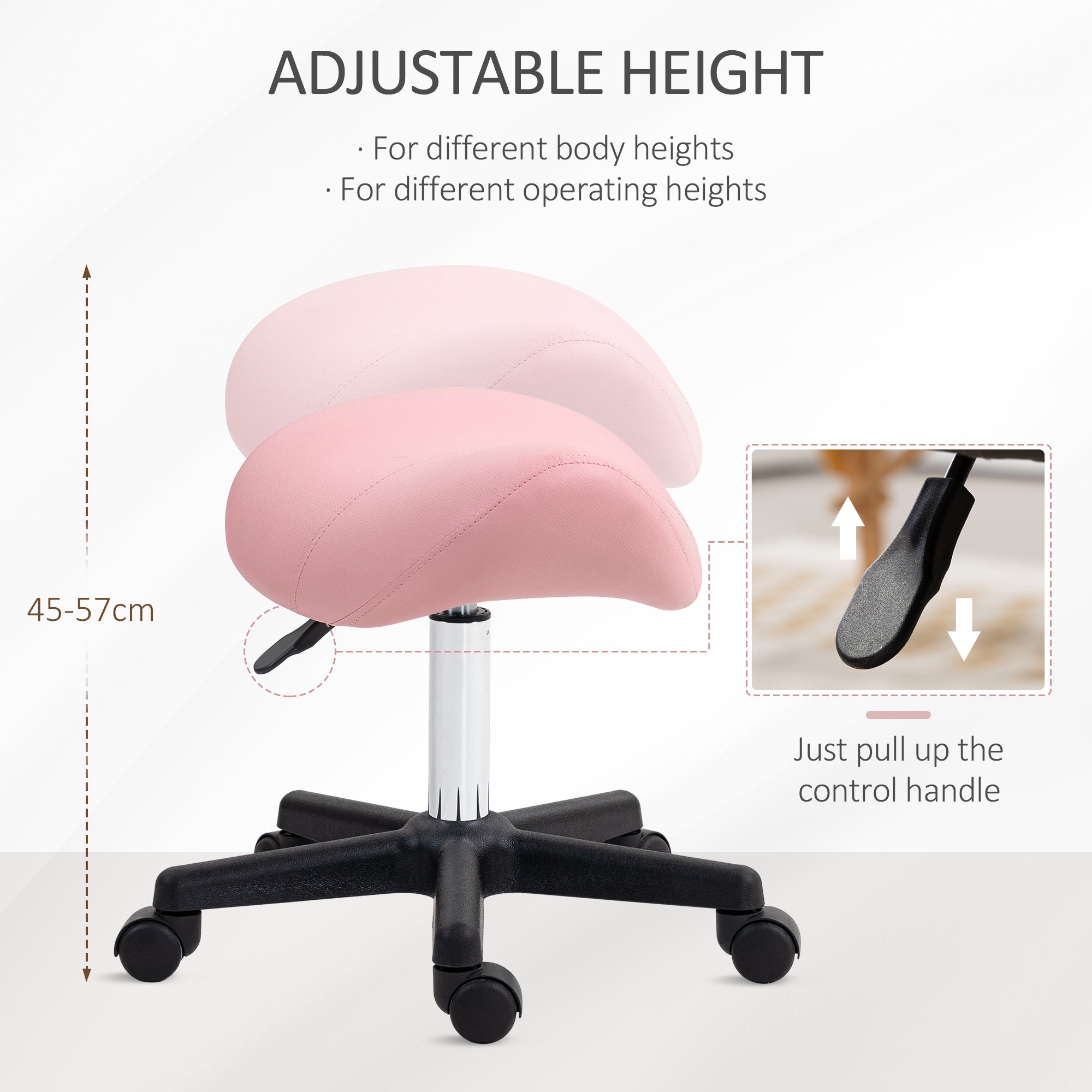 Saddle Stool, Adjustable Rolling Salon Chair, Pink PU Leather
