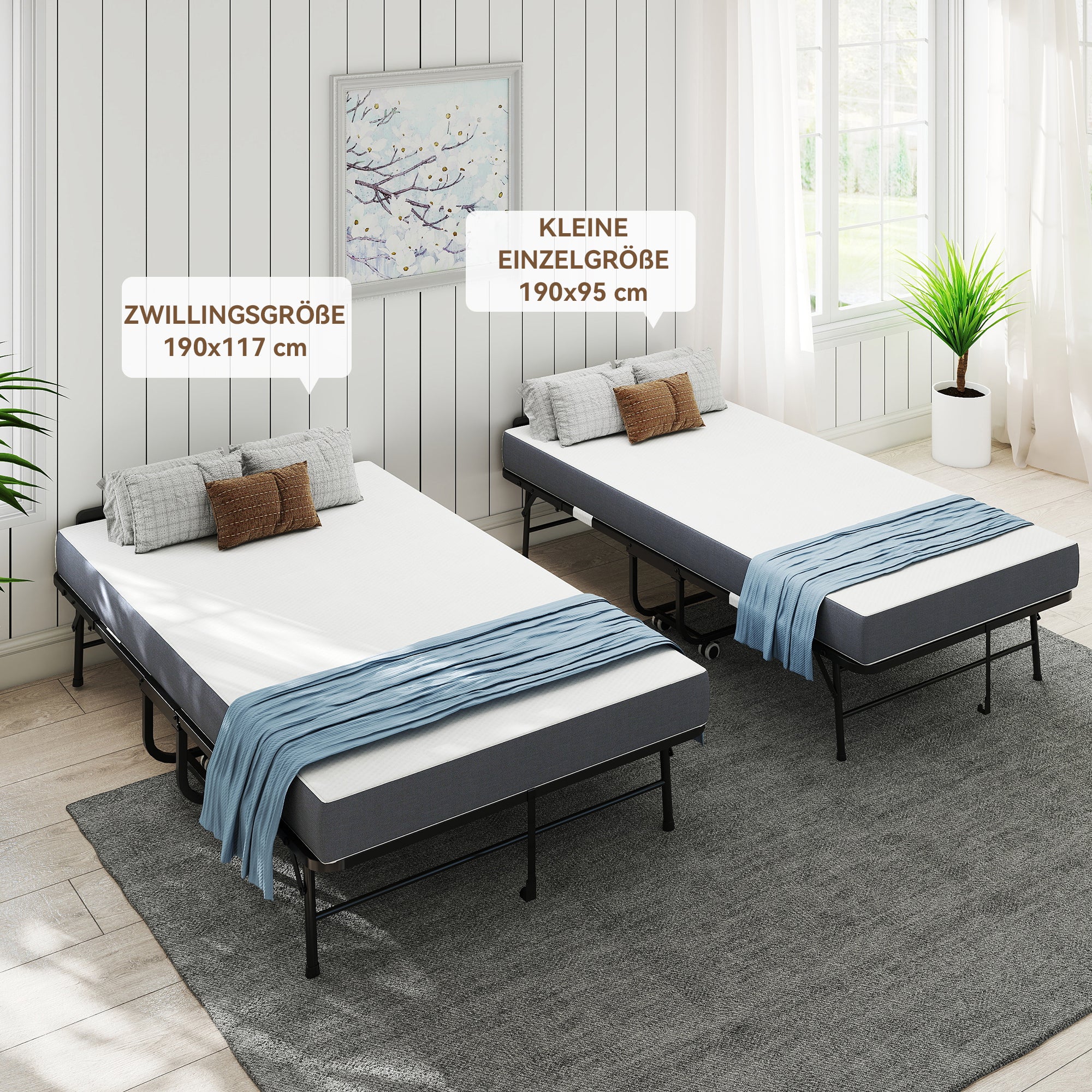 Folding Twin Bed Rollaway, 190x116cm with 9.5cm Memory Foam Mattress, Metal Frame