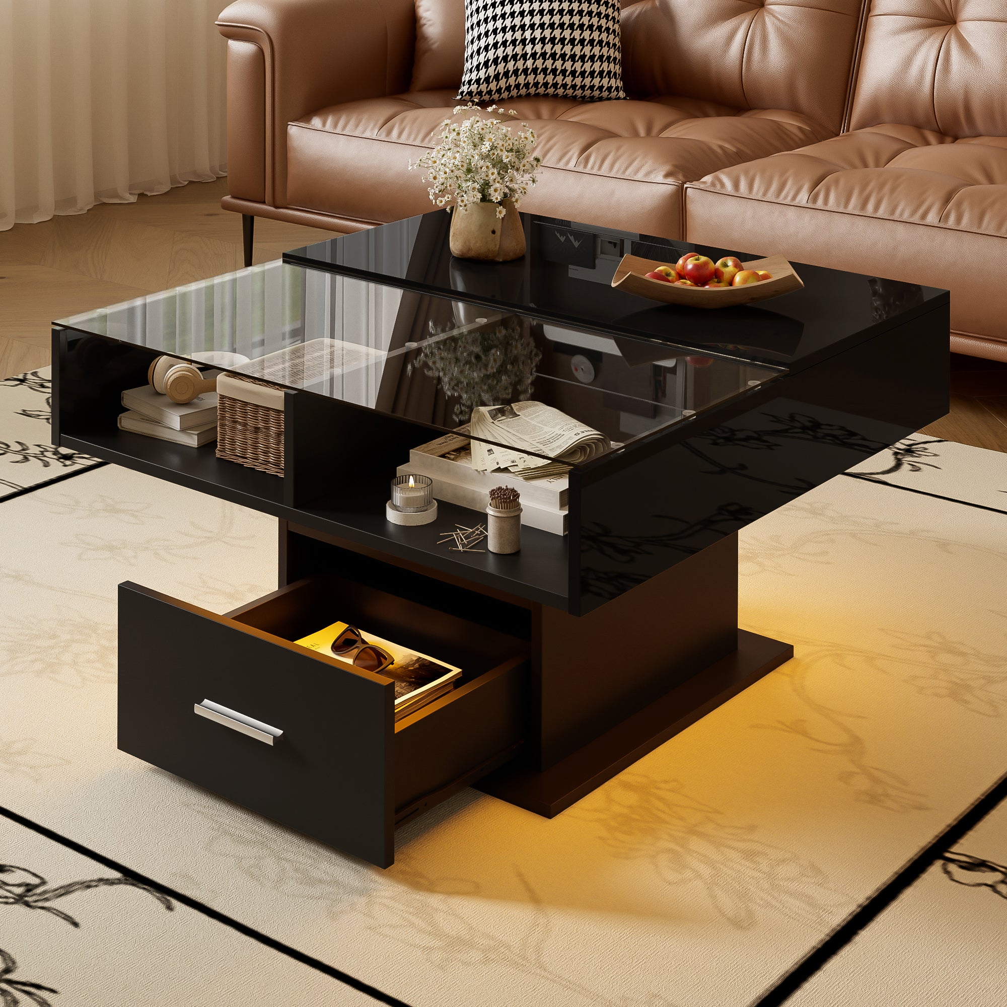 Multifunctional Coffee Table with LED Lighting, Adjustable Height, High-Gloss