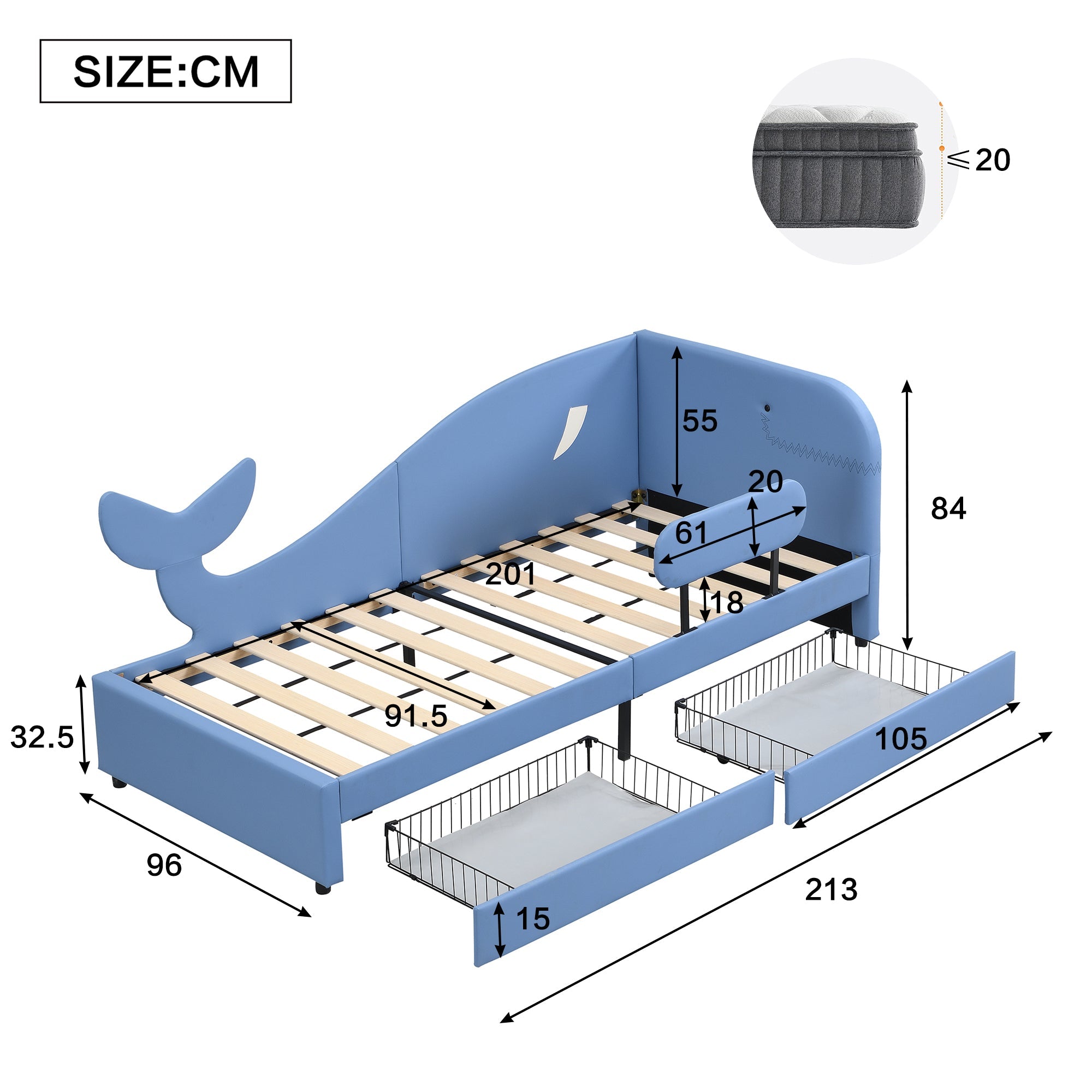 Children's Splicing Bed, Upholstered Daybed with 2 Drawers, Blue