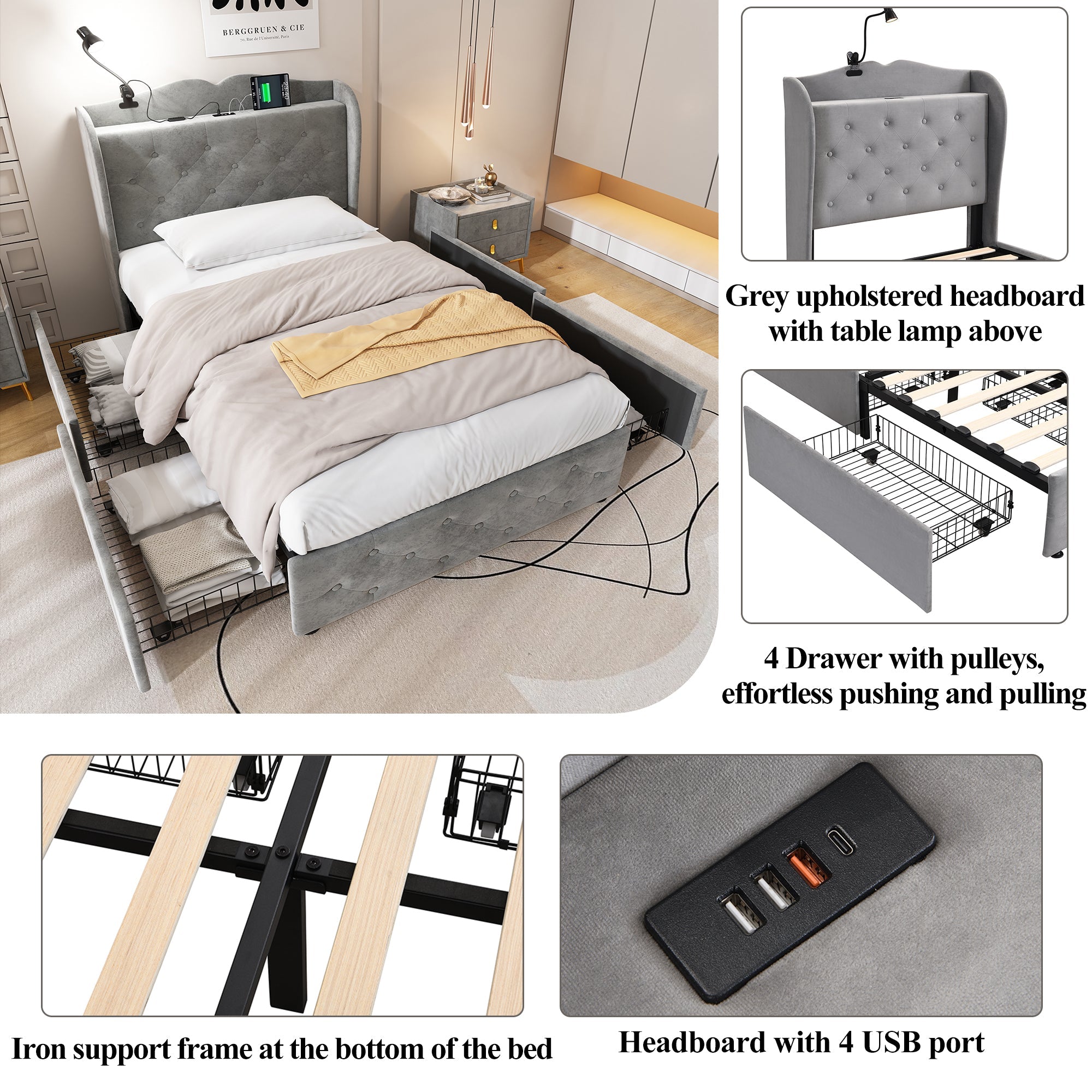 Upholstered Storage Bed, 3FT Single 90x190cm with 4 Drawers, Lamp, USB-A & USB-C Ports, Durable, Velvet Grey