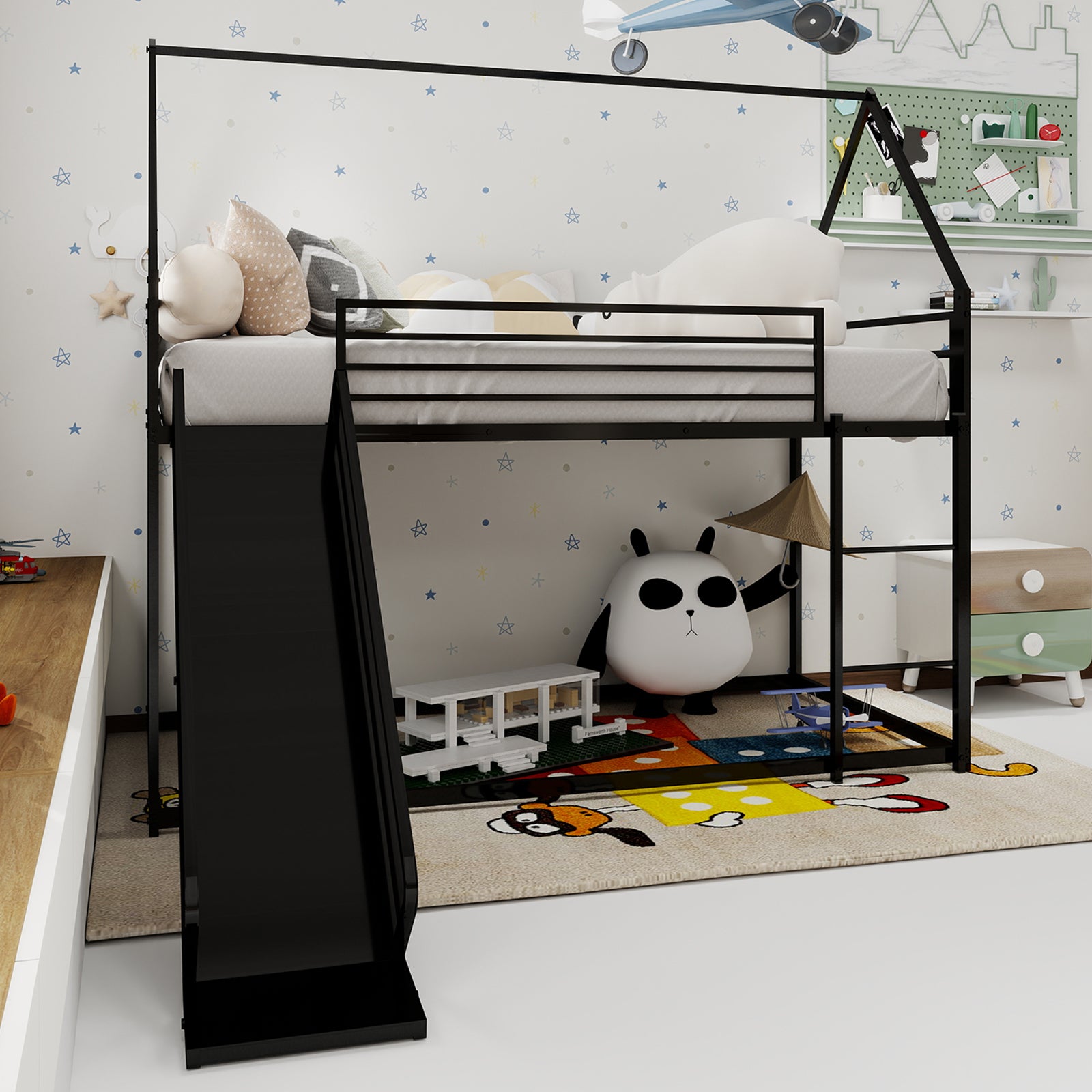 Twin over Twin Bunk Bed with Slide, House Shaped, Metal