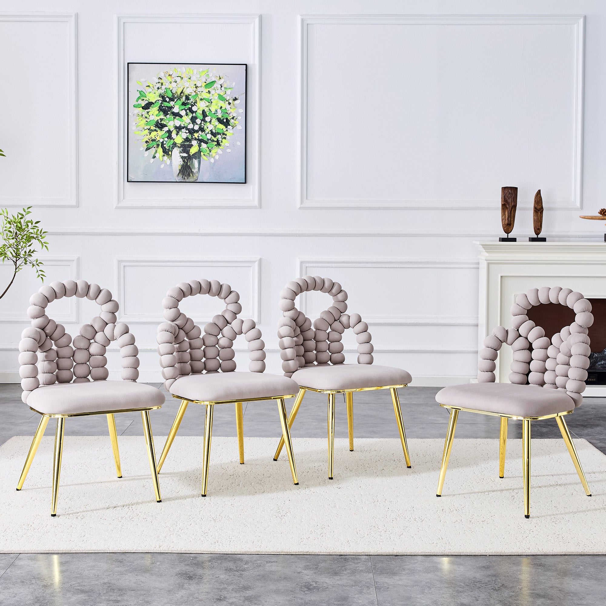Dining Chairs, Set of 2 Ball Chain Backrests Sturdy Gold-Plated Metal Legs, Light Grey Velvet