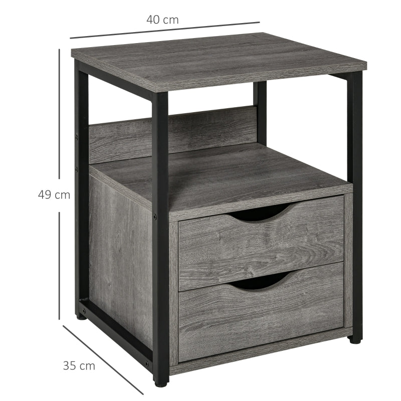 Industrial Side Table Slim Nightstand with Drawer and Storage Shelf, Grey