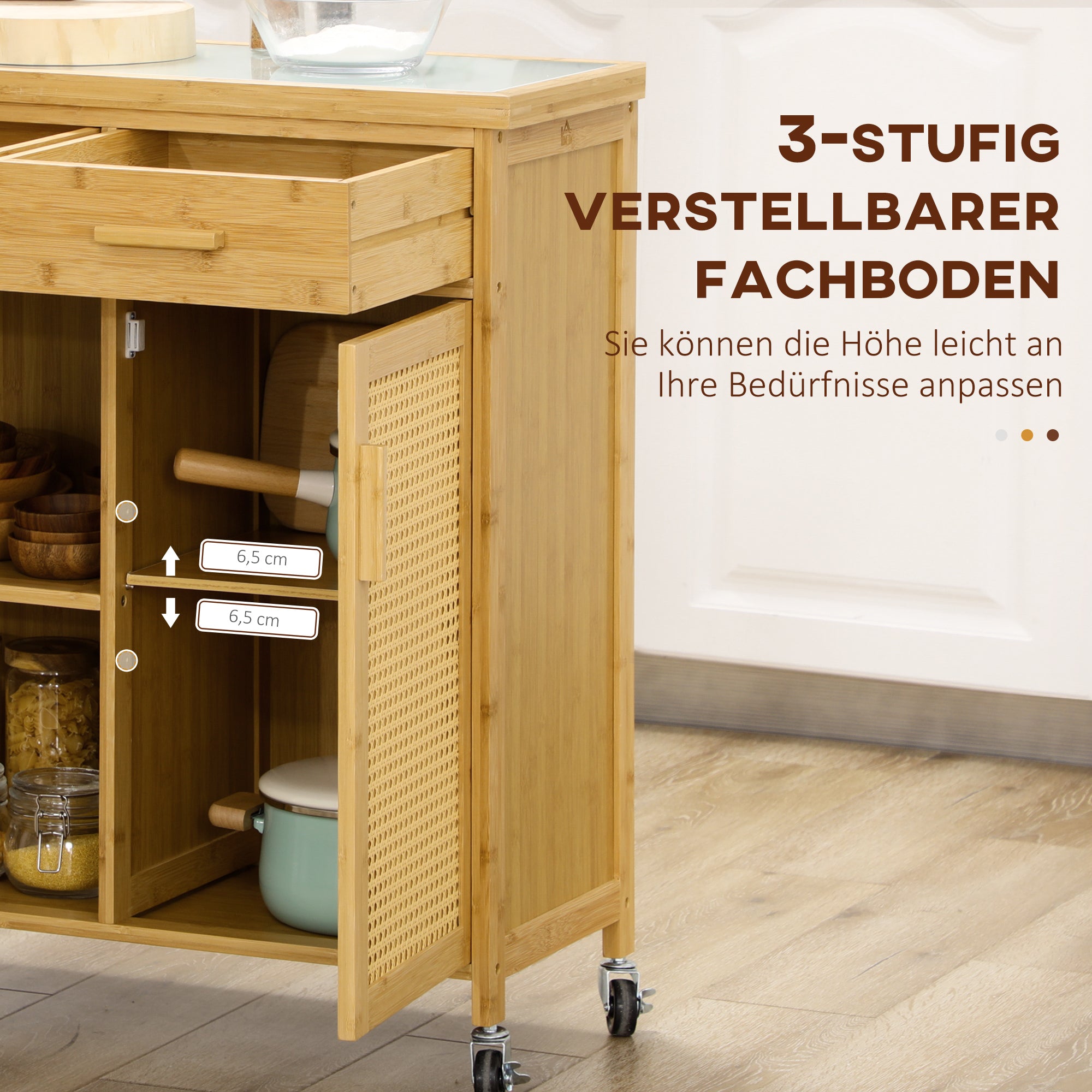 Kitchen Trolley Serving Trolley Drawer Cabinet Towel Rack Bamboo Natural
