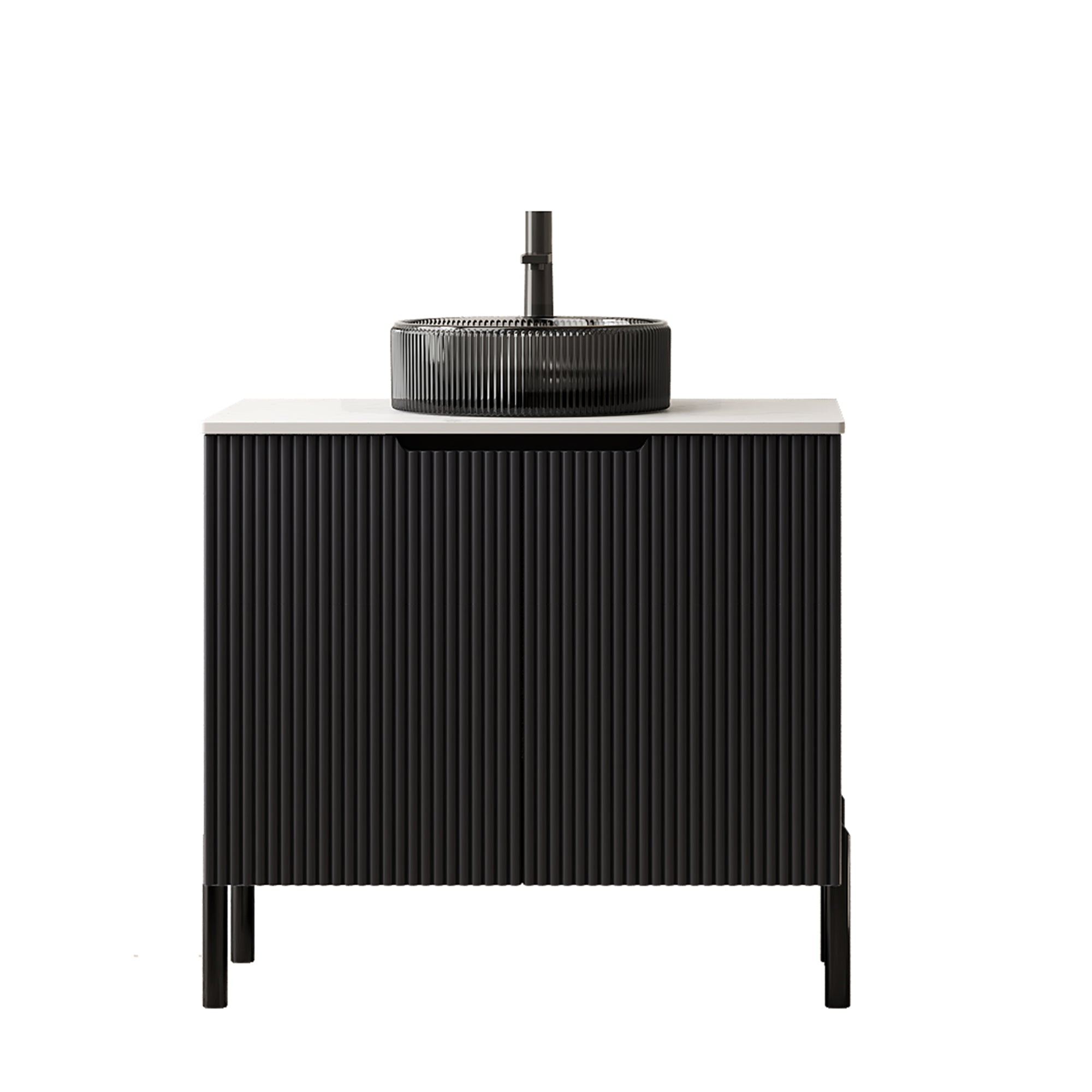 TURIO 76cm Freestanding Bathroom Vanity Unit with Round Glass Basin, Sintered Stone Countertop, Black Finish