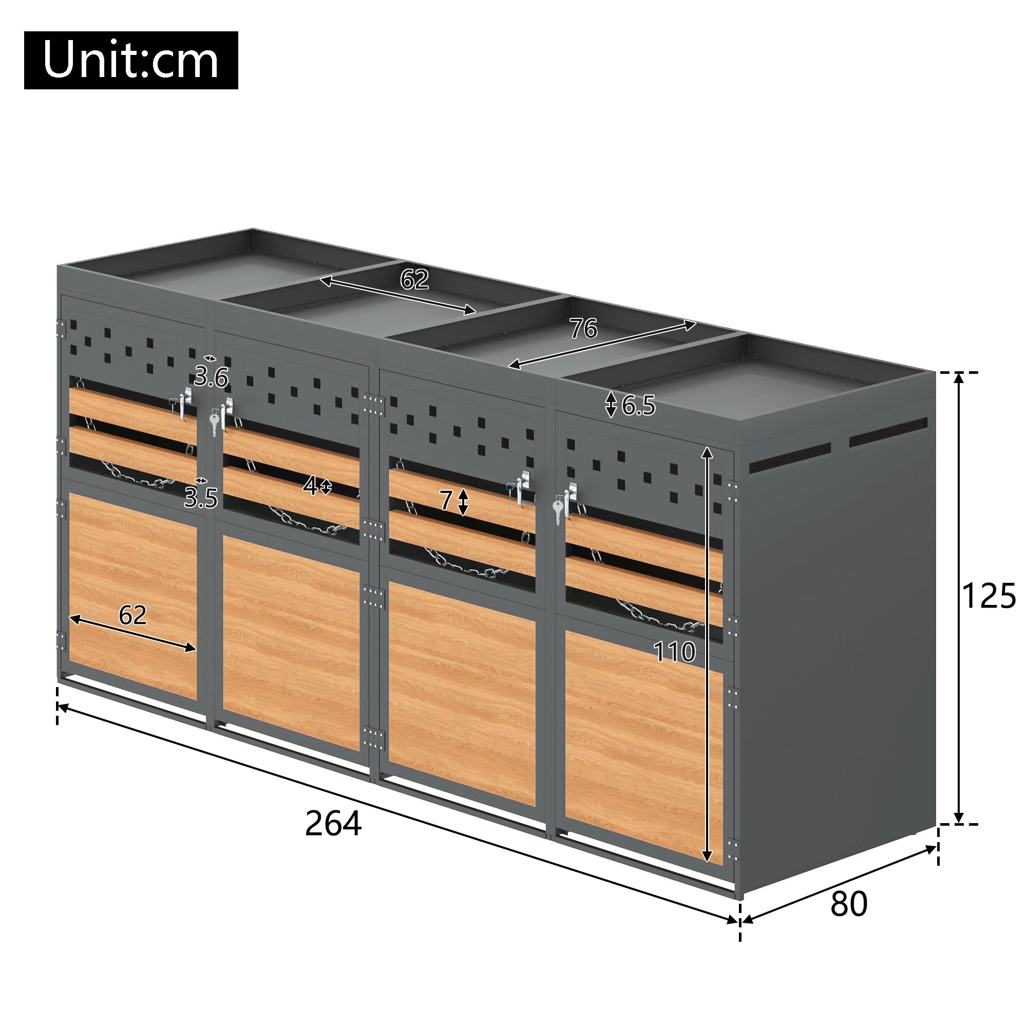 Garbage Can Storage Box, 4-Person with Planting Roof, 120-240L, Anthracite Wood-Look