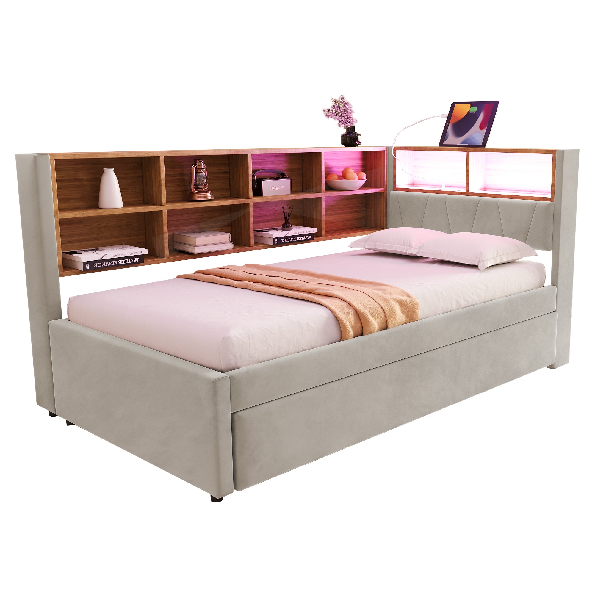 Sofa Bed 90*200, Pull-Out 90*190 with LED Lights, Sockets & Storage, Flannel Light Gray