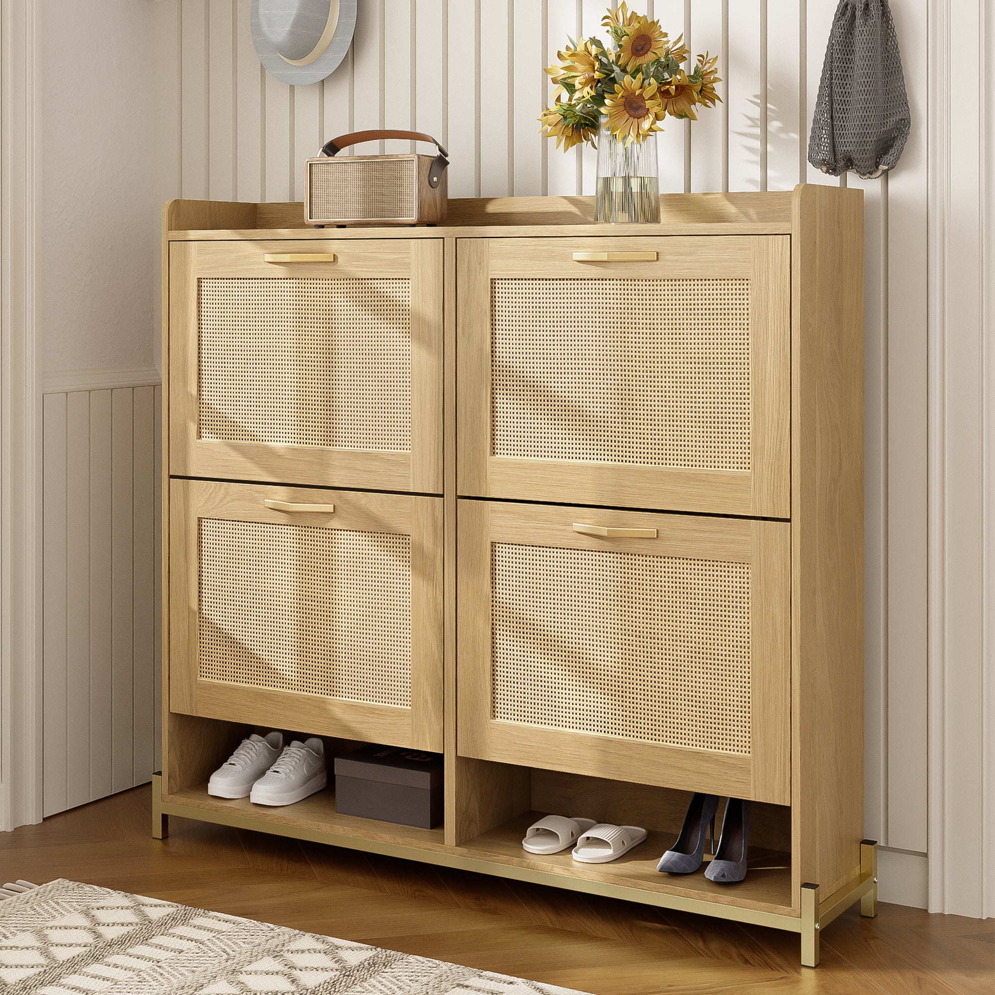 Elegant Shoe Cabinet with 4 Doors and Top Shelf, Wooden Rattan