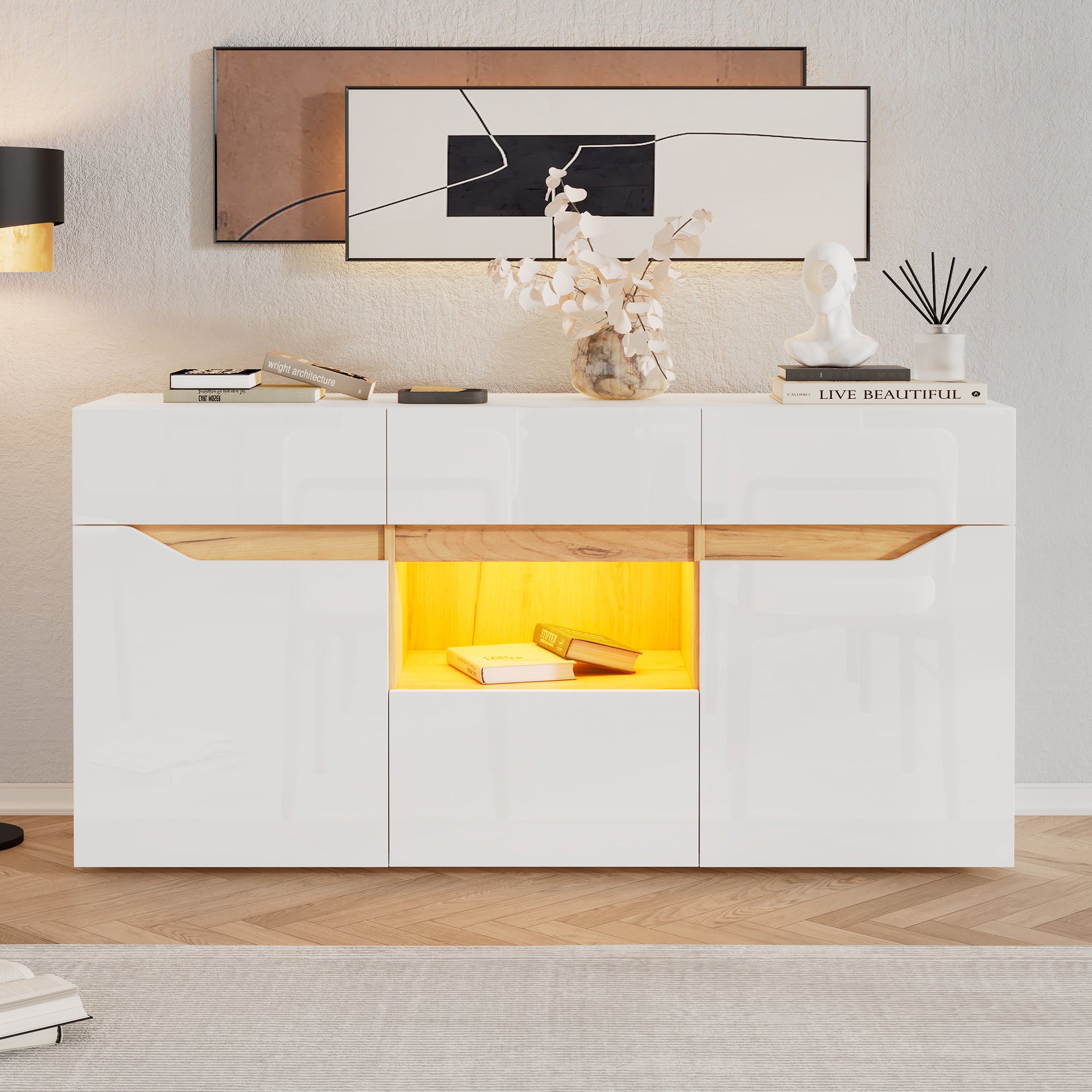 Living Room Sideboard, 4-Drawer Cabinet with LED Lighting, White & Wood