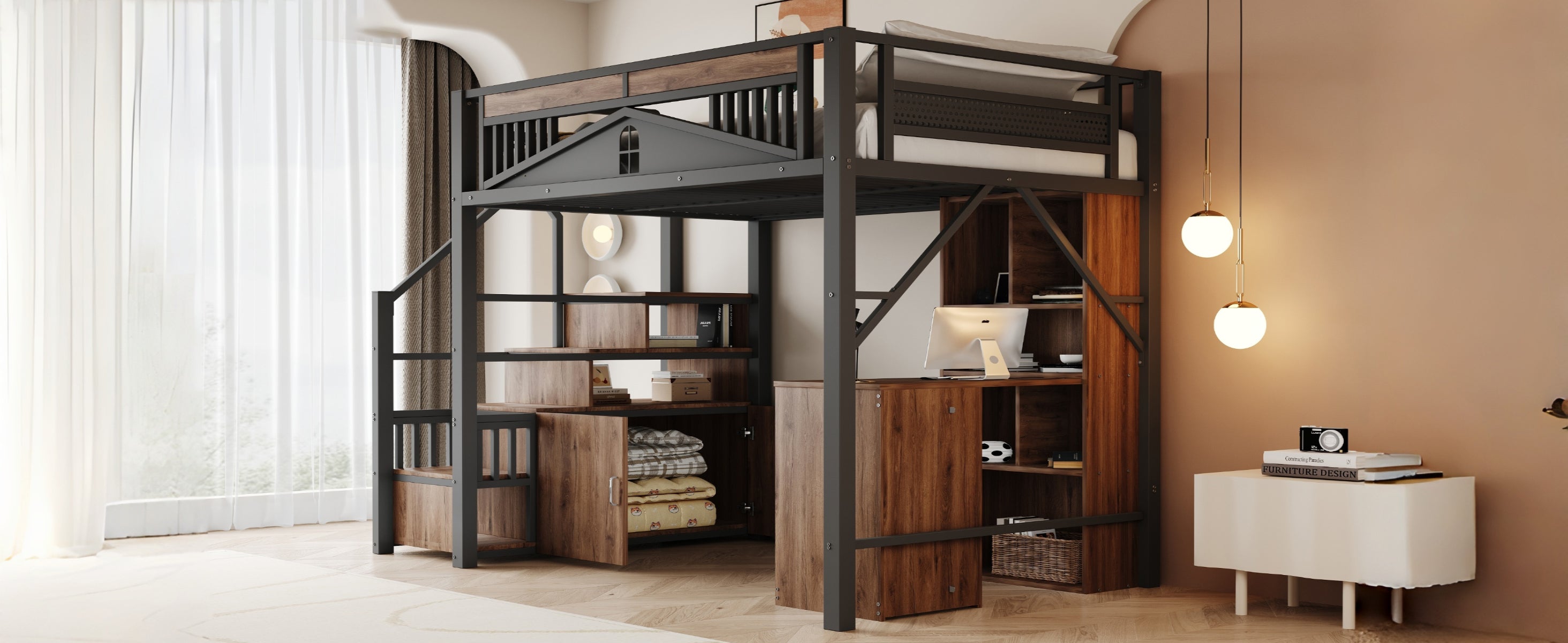 Metal Loft Bed with Safety Enclosure, Window, & Ladder, 140x200cm, Black