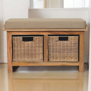 Solid Wood Rattan Basket Bench with 2 Pull-out Storage Baskets, Light Brown