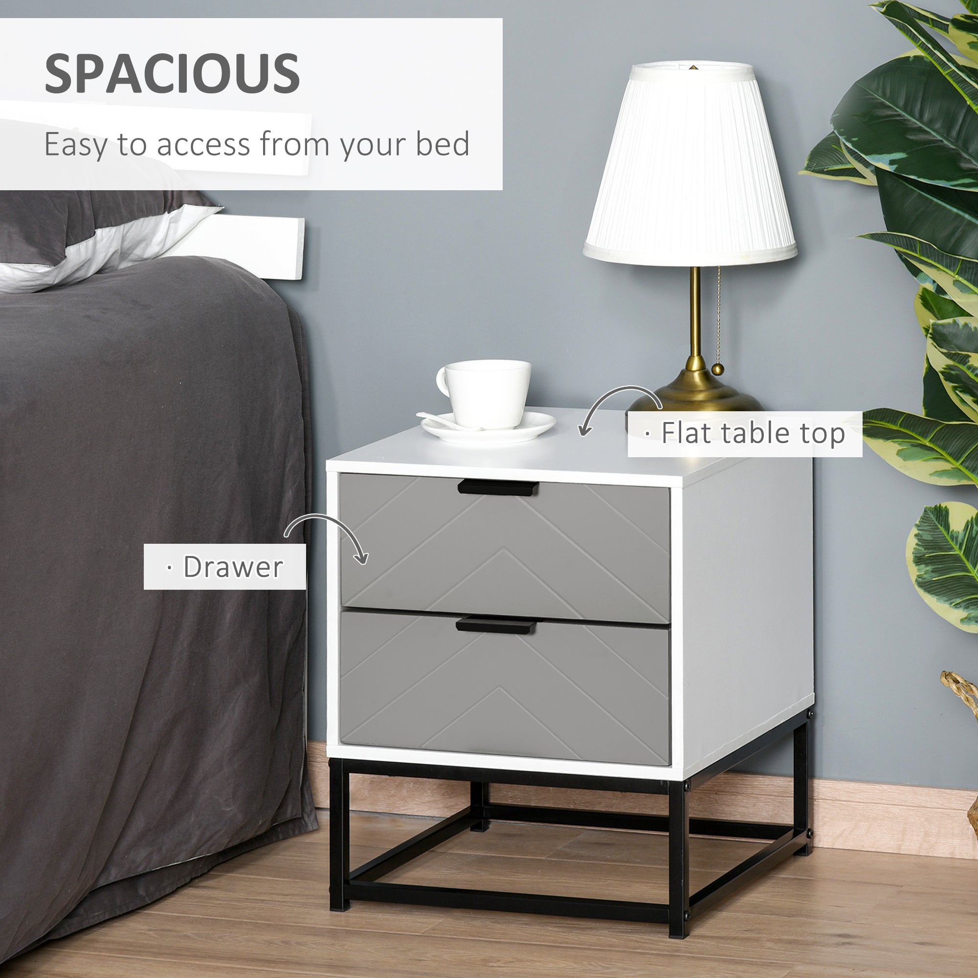 Bedside Cabinet, 2 Drawer Storage Nightstand with Metal Base, Grey/White MDF