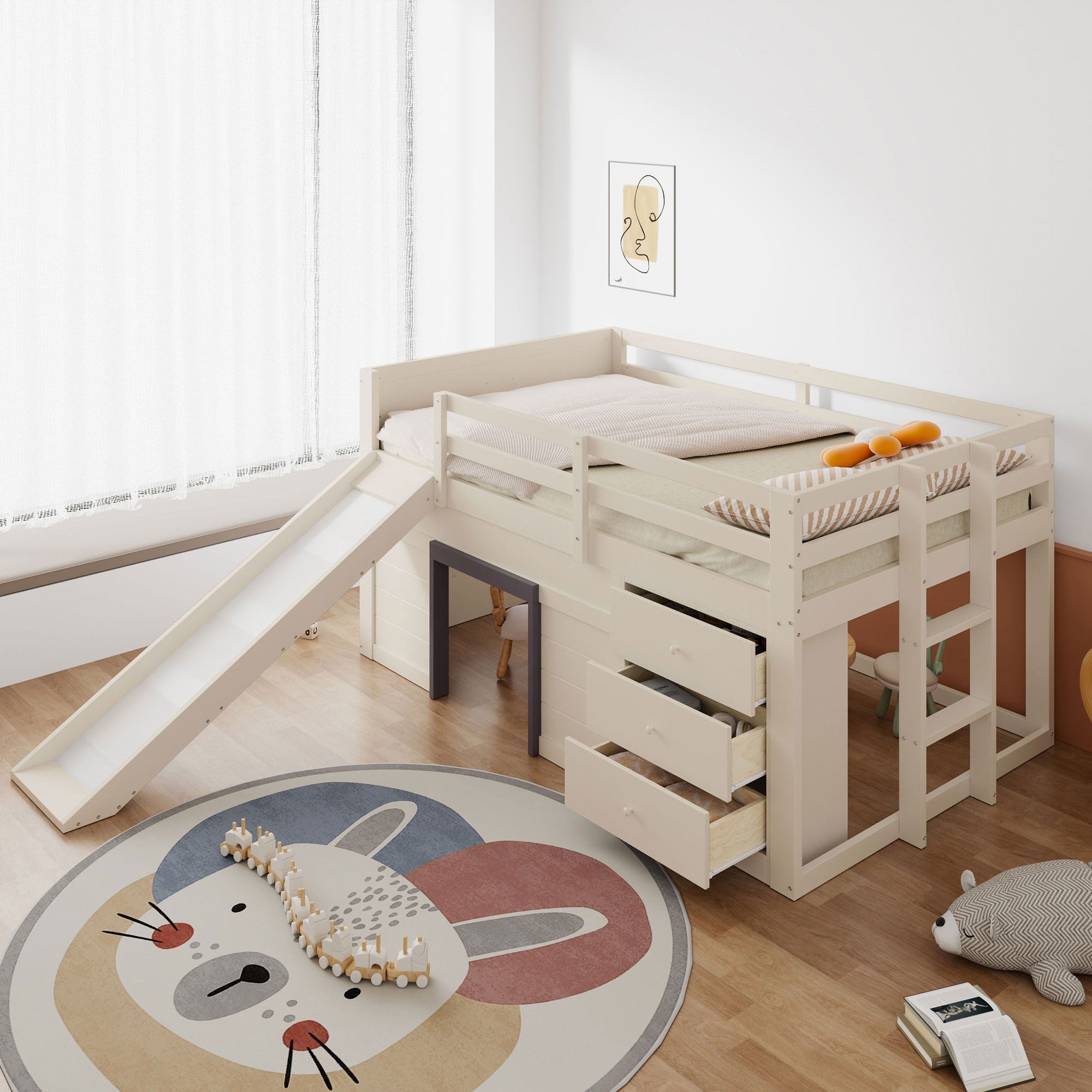 140 x 200 Low Loft Bed with Slide, Three Drawers and Two Doors, Cream