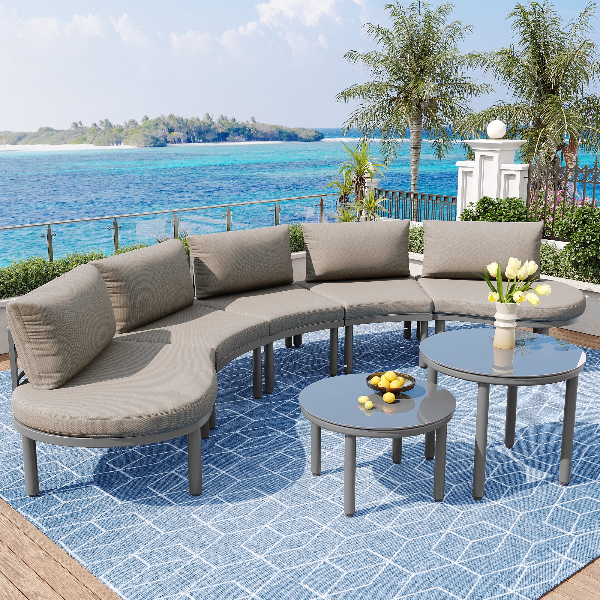 Garden furniture set 5-seater 2 coffee tables with grey cushions and pillows galvanized iron