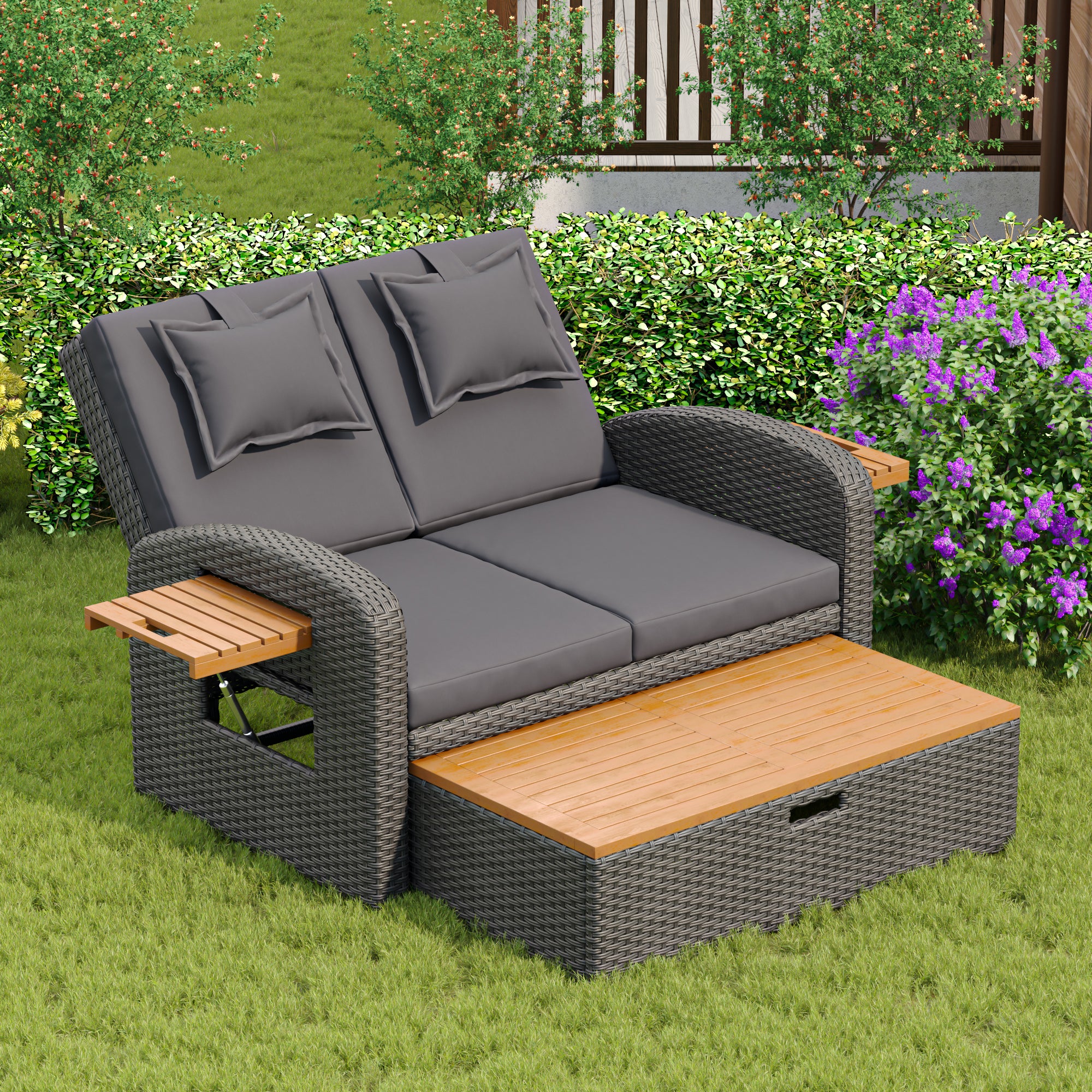 Garden Lounge Chair Set 2-Person Adjustable Back Convertible Bed - Grey Rattan
