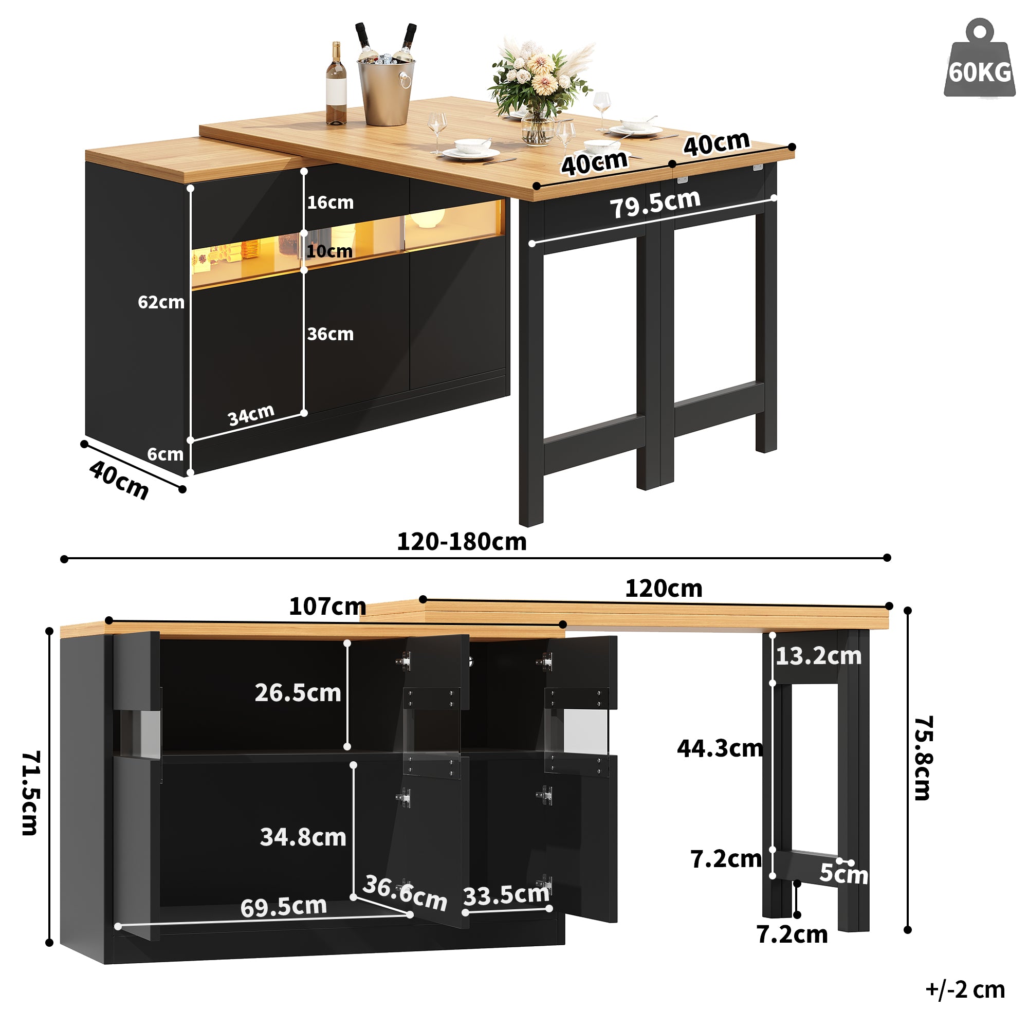Extendable Bar Table with LED Lighting and 360° Swivel, 120-180cm Kitchen Island with Storage, MDF