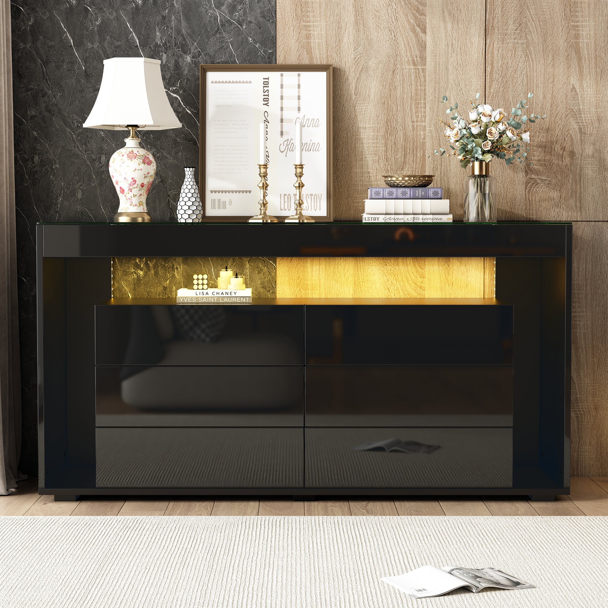 Sideboard, 6-Drawer LED High-Gloss with Tempered Glass Top, Black