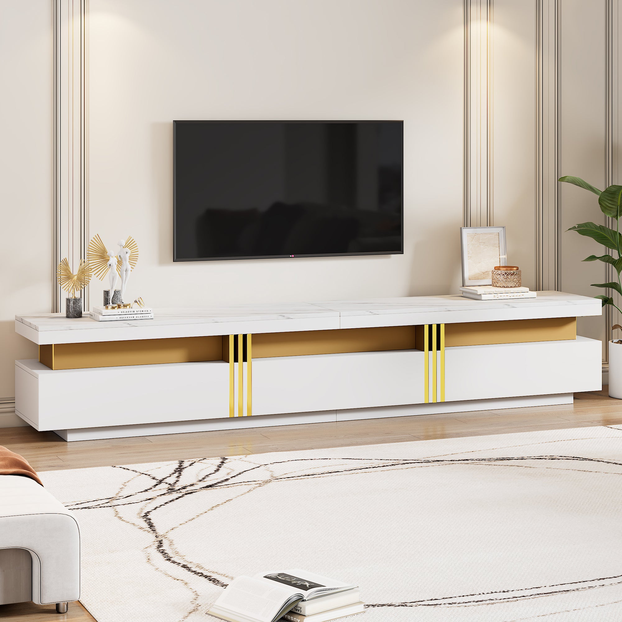 Modern Lowboard TV Cabinet 200x40x42cm for 90 inch TVs, 3 Drawers, Marble Look
