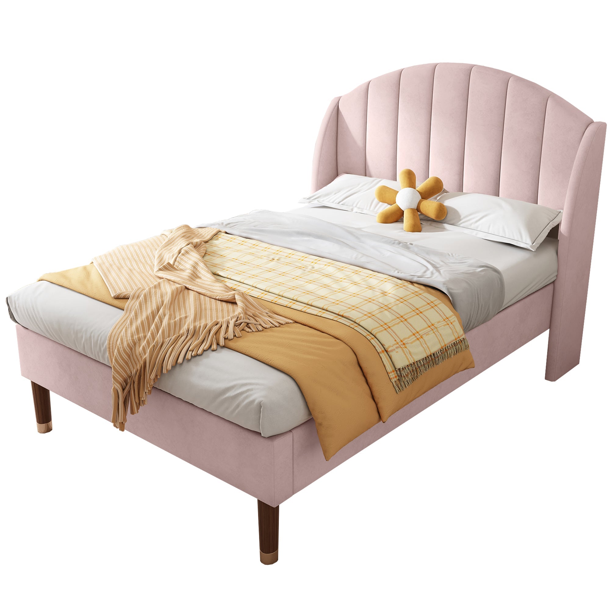 Upholstered Bed, Single Bed - 3ft(90*190cm) with Slatted Frame and Headboard, Pink Velvet