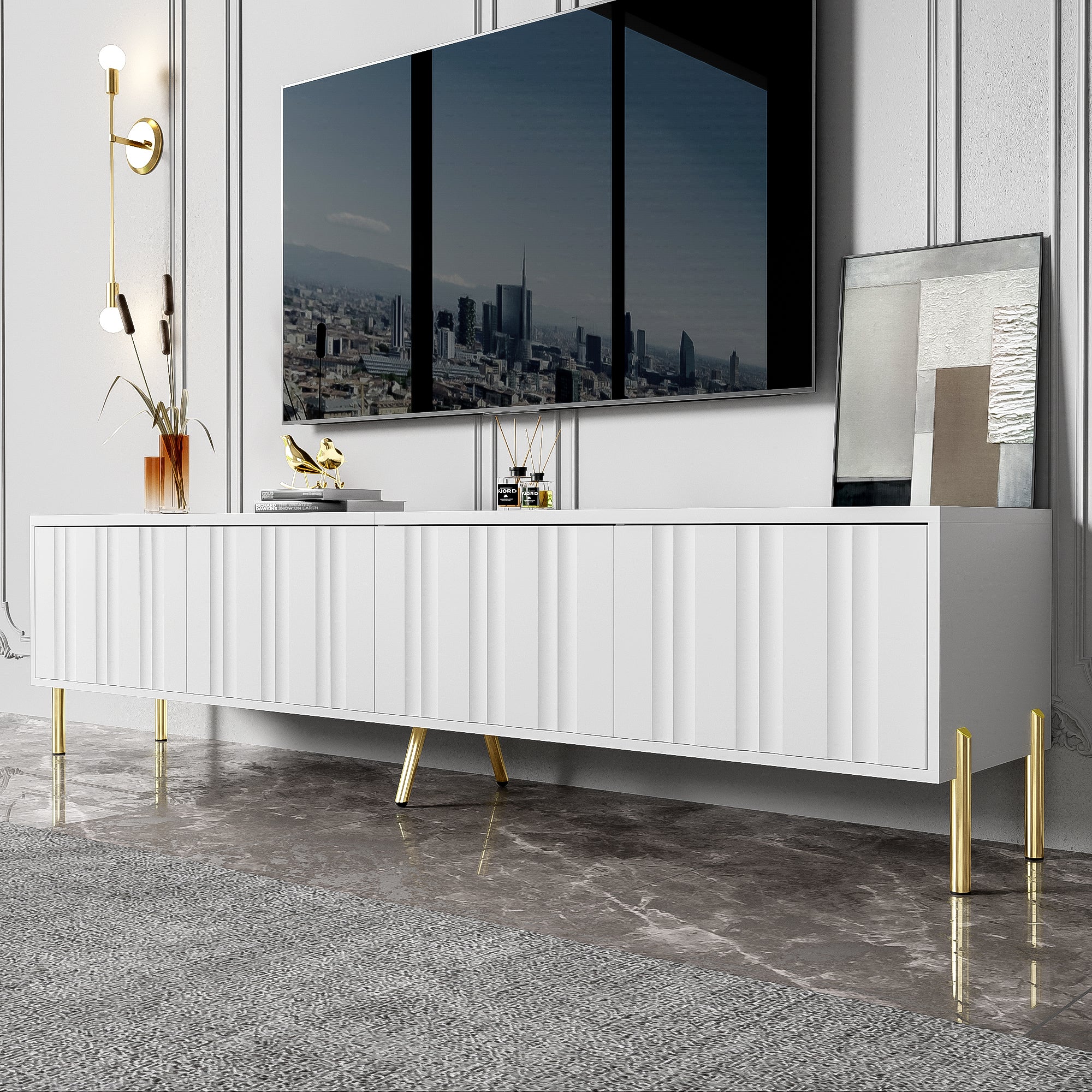 TV Cabinet 190x38x48cm, Gold Legs, Grooved Doors, White