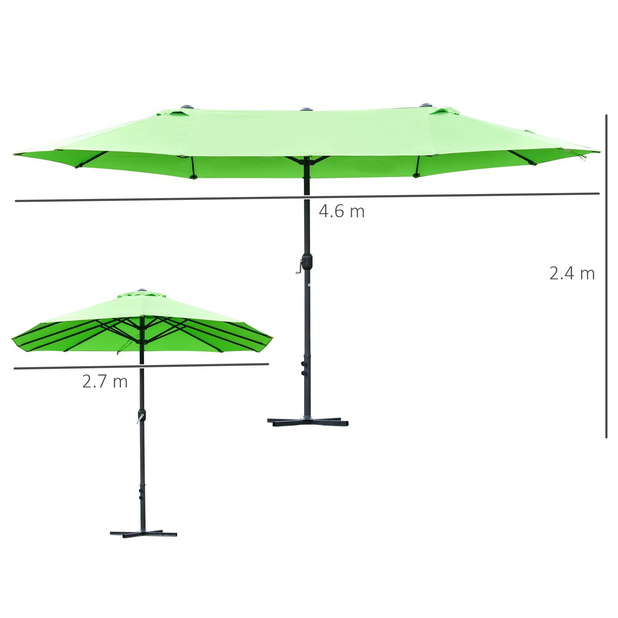 Sun Umbrella Canopy, 4.6M Double-Sided Crank Sun Shade w/ Cross Base, Green