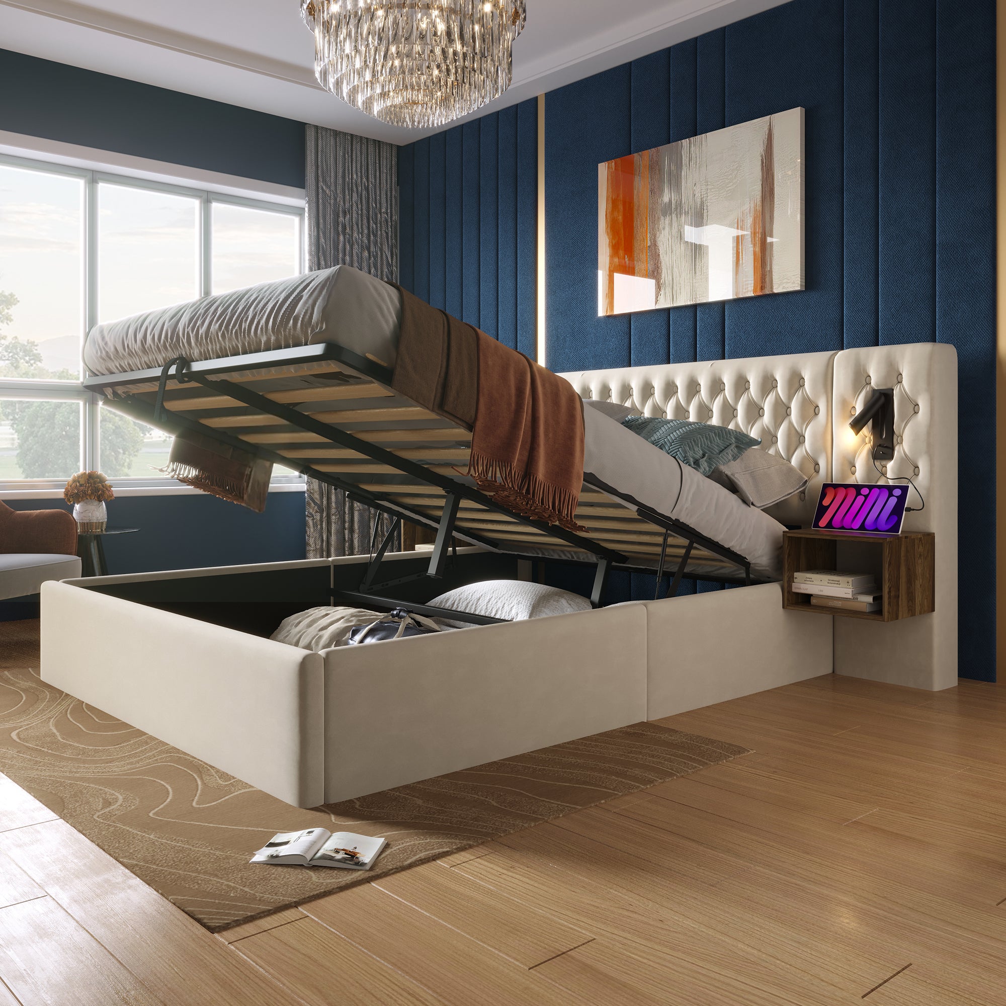 Bedroom Complete Set, Upholstered Hydraulic Storage Double Bed with 2 Bedside Tables & USB Reading Light, Beige Velvet
