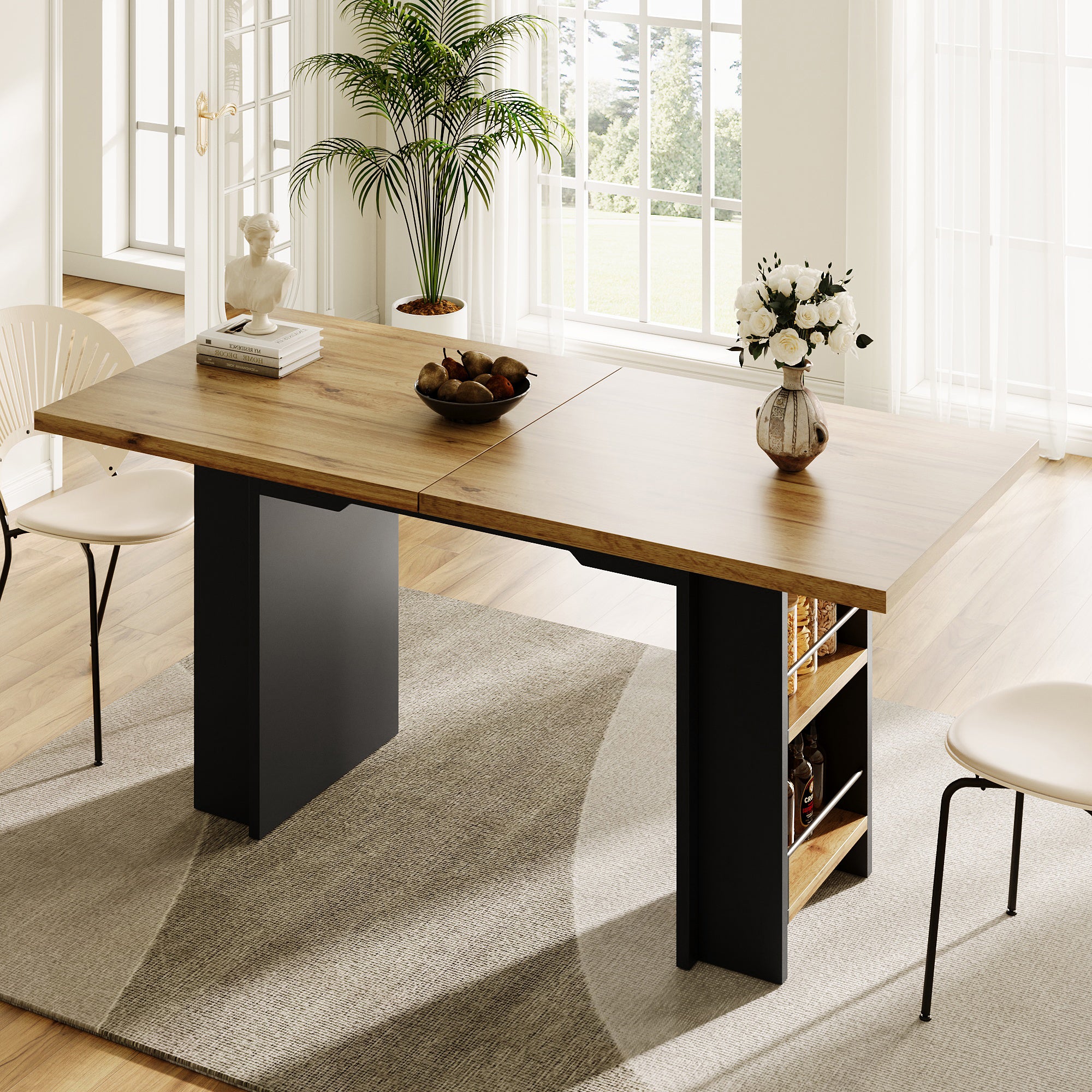 Telescopic Dining Table with Shelves and Extendable 120-160cm Surface, Wood Color