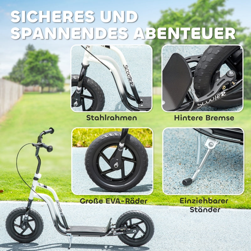 Children's Scooter with Large Wheels, Kickstand and Handbrake, White