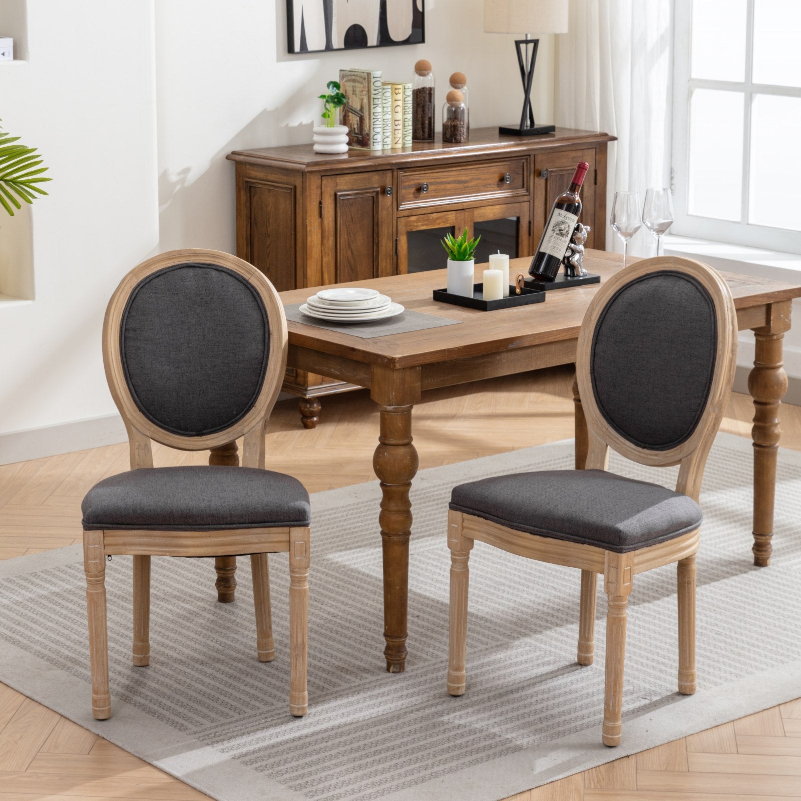 French Style Dining Chair Set of 2, Solid Wood Frame, Linen Fabric, Dark Gray