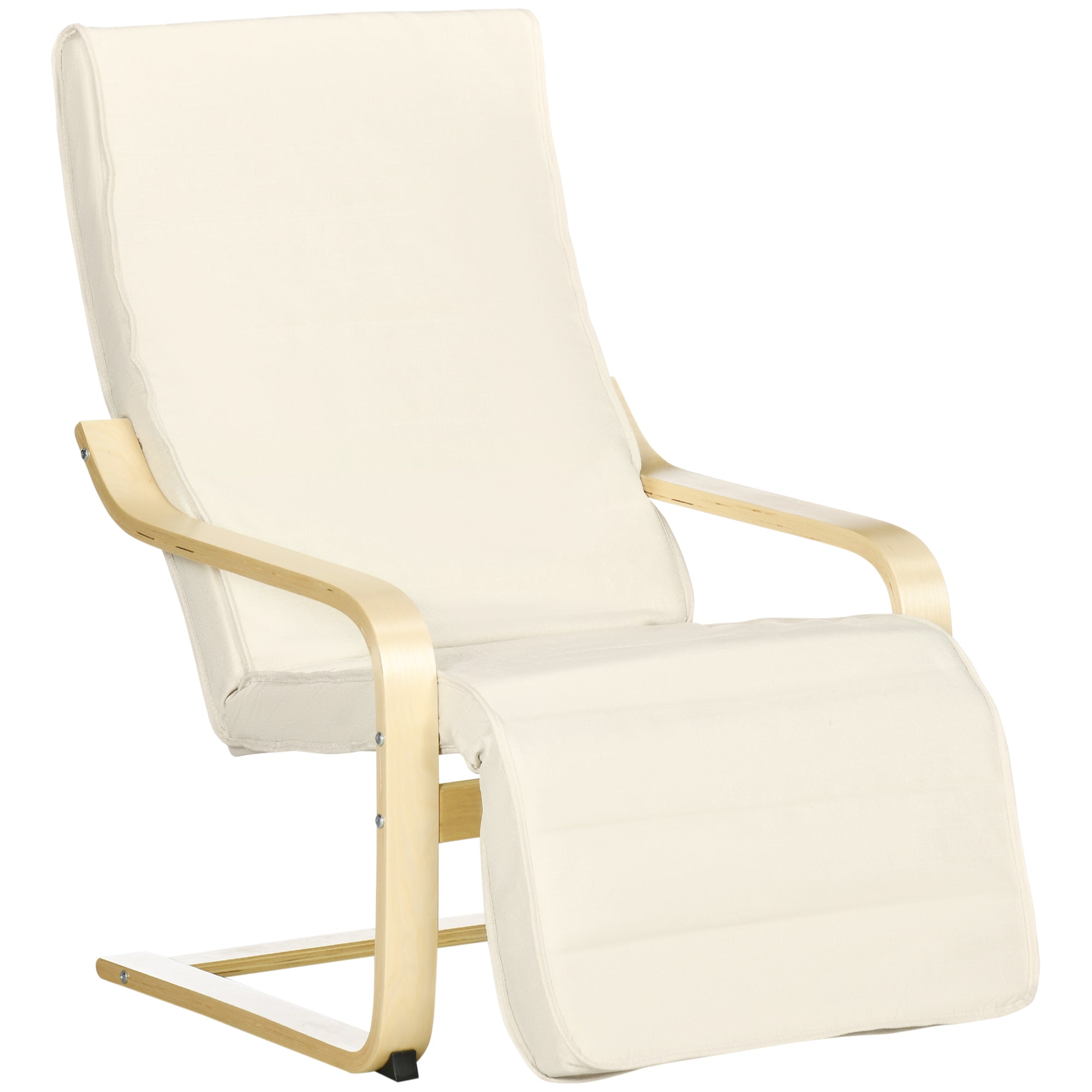 Wooden Lounging Chair with Adjustable Footrest and Removable Cushion, Cream White