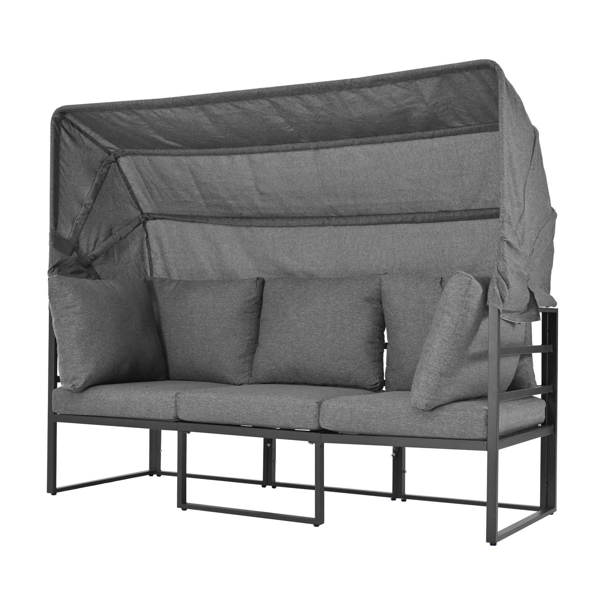 Garden lounge chair set iron, 4-piece seating group with stool table and awning, weatherproof gray