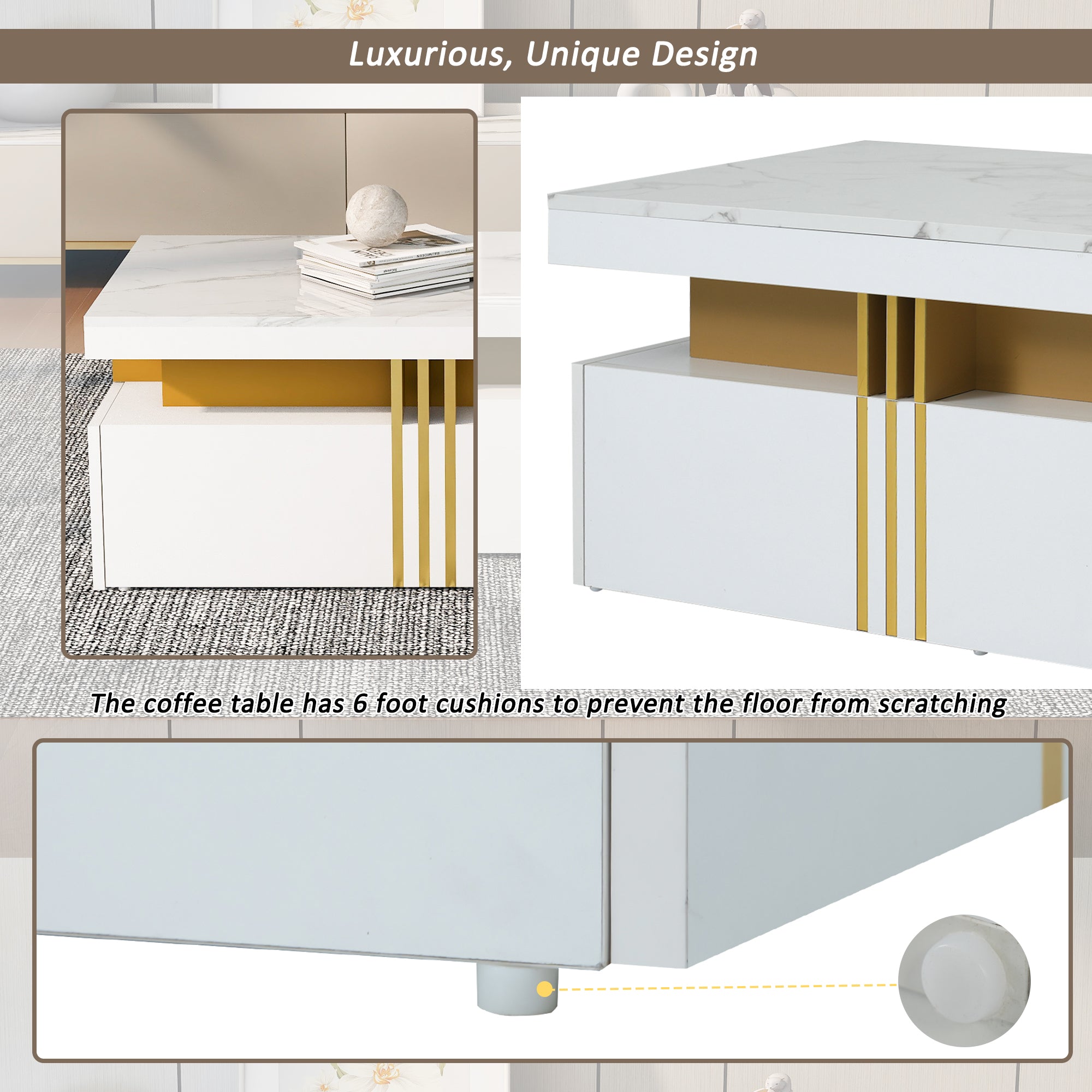 Modern rectangular coffee table with high gloss top and 2 wooden drawers, marble tabletop
