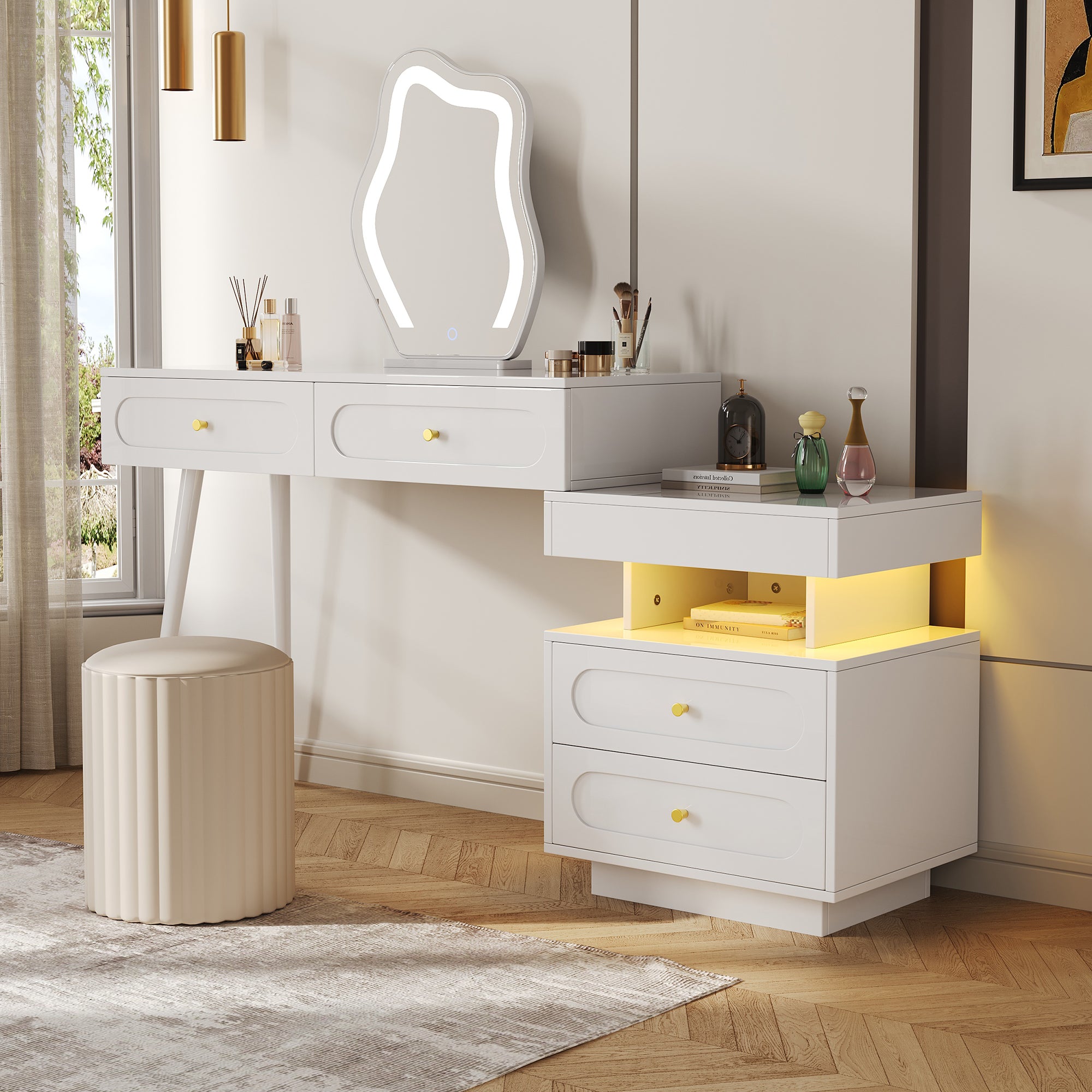 Dressing Table Set LED Mirror 4 Drawers Open Storage White