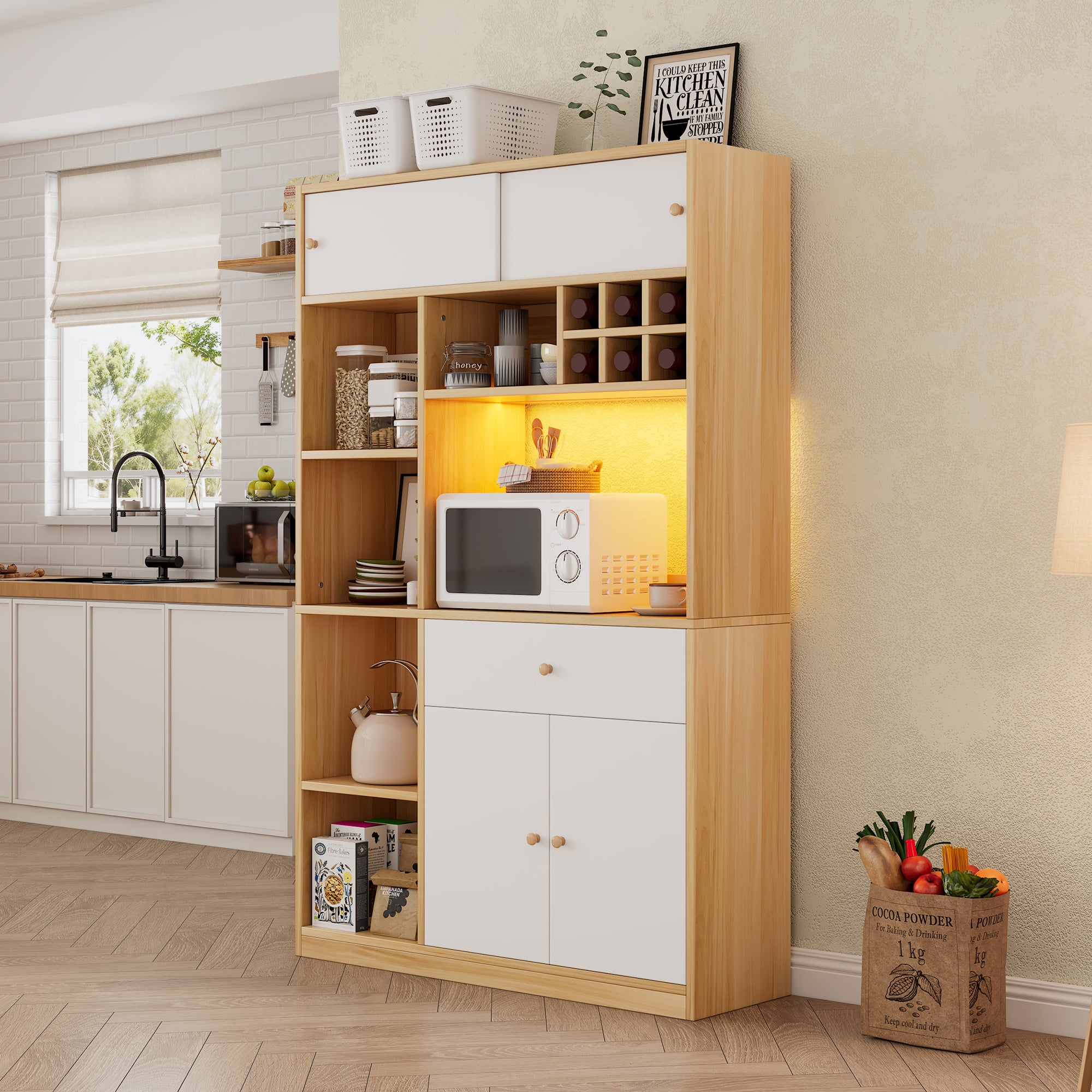 Kitchen Buffet Cabinet LED 1 Drawer 3 Doors Shelves 115x180cm