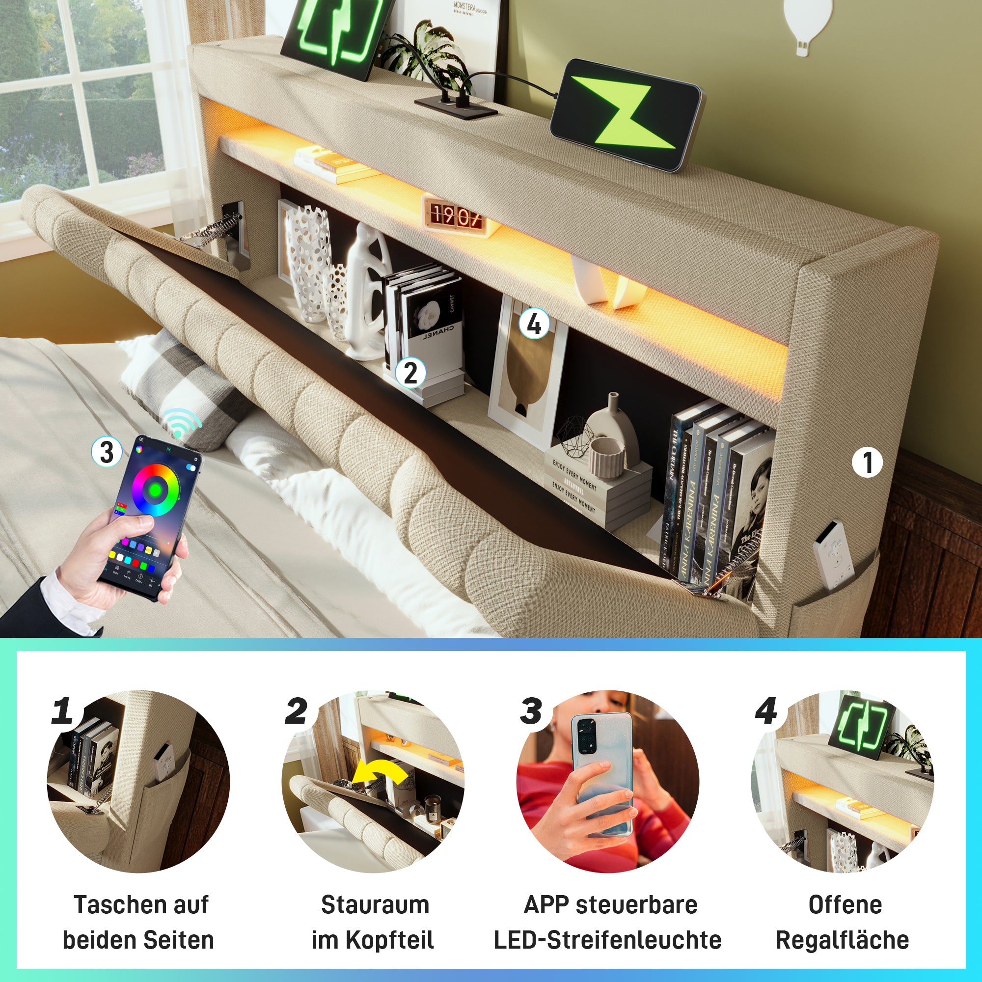 Upholstered Double Bed 180x200cm, Hydraulic Storage Headboard with LED/USB Ports, Beige Linen