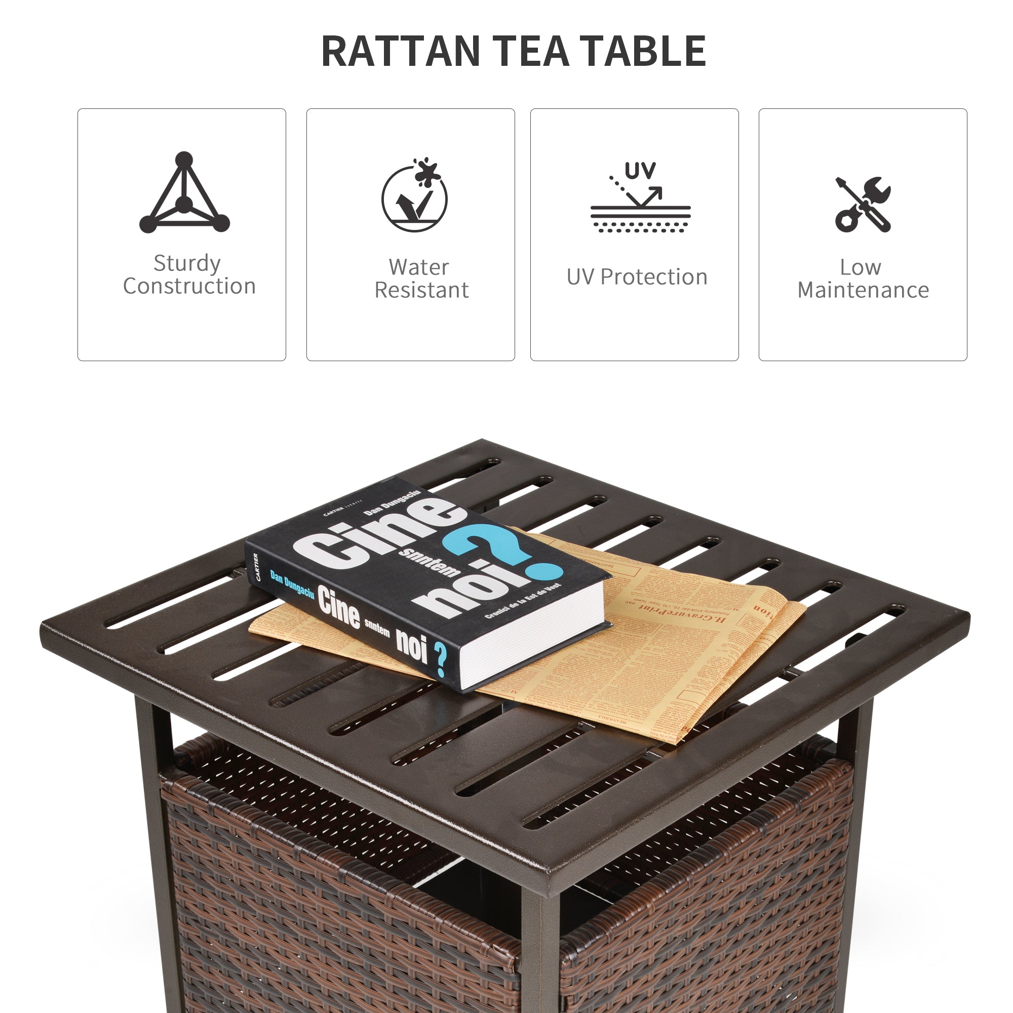 Rattan Garden Coffee Table, Square Side Table with Umbrella Hole, Brown Wicker