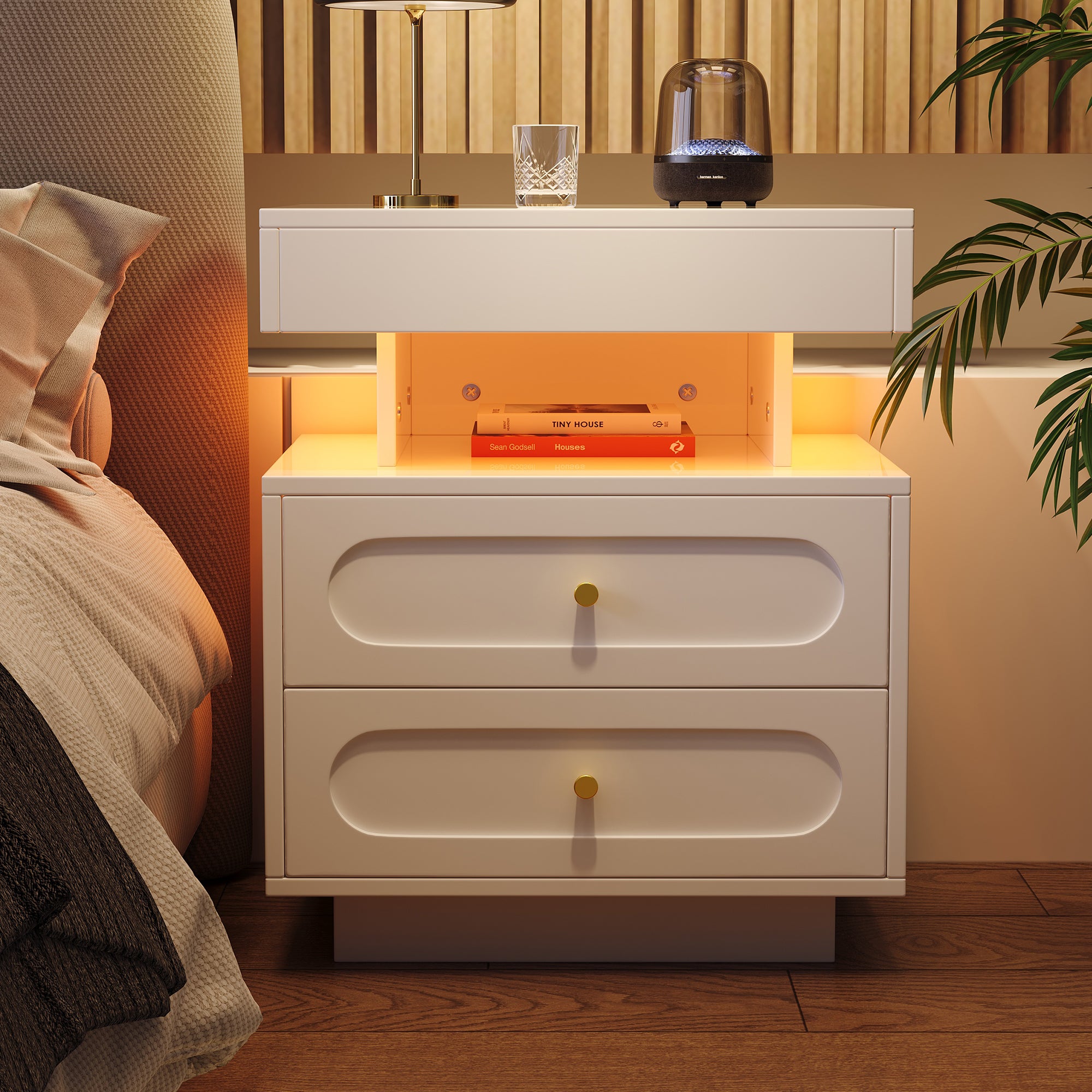 Bedside Table Nightstand with LED, 2 Drawers & Open Storage, White